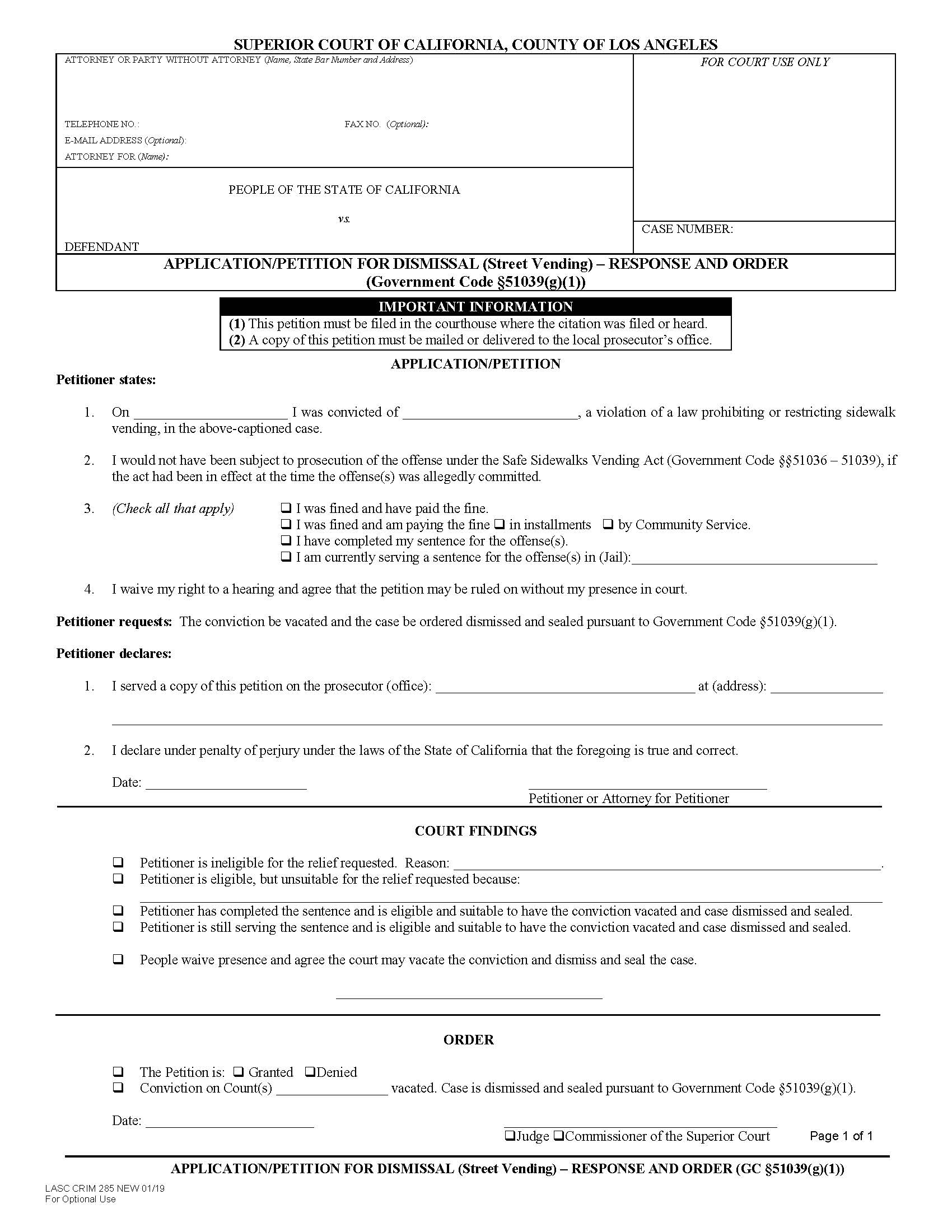 Application-Petition For Dismissal (Street Vending)–Response And Order {CRIM 285} | Pdf Fpdf Docx | California