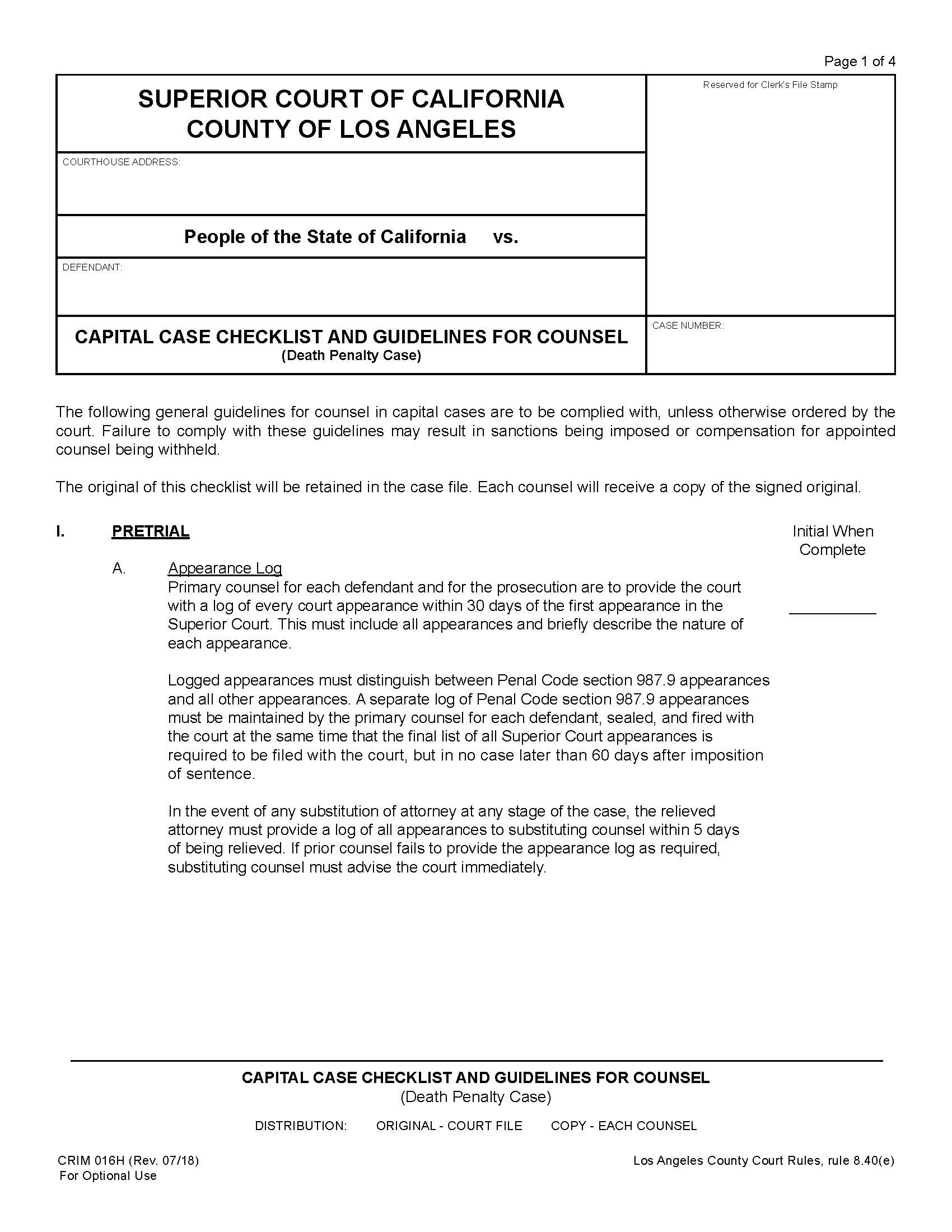Capital Case Checklist And Guidelines For Counsel (Death Penalty Case) {CRIM 016H} | Pdf Fpdf Docx | California