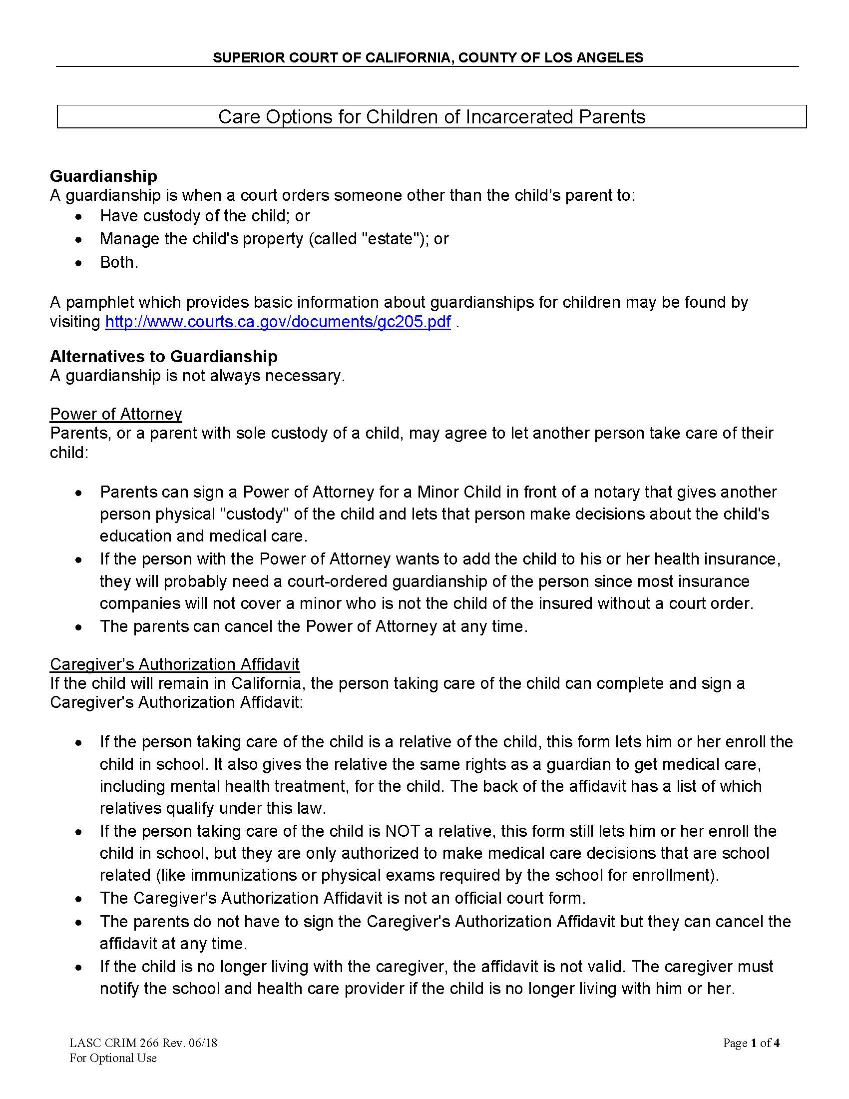 Care Options For Children Of Incarcerated Parents {CRIM 266} | Pdf Fpdf Docx | California