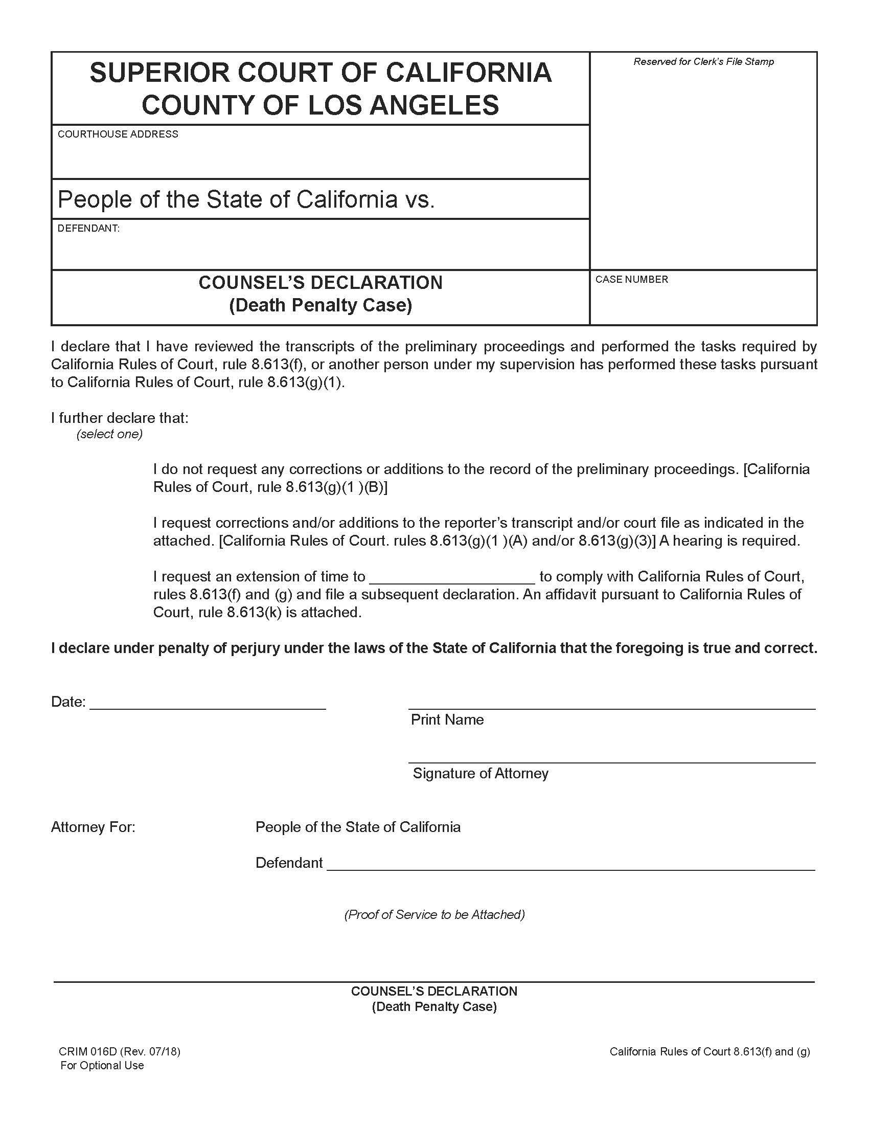 Counsels Declaration (Death Penalty Case) {CRIM 016D} | Pdf Fpdf Docx | California