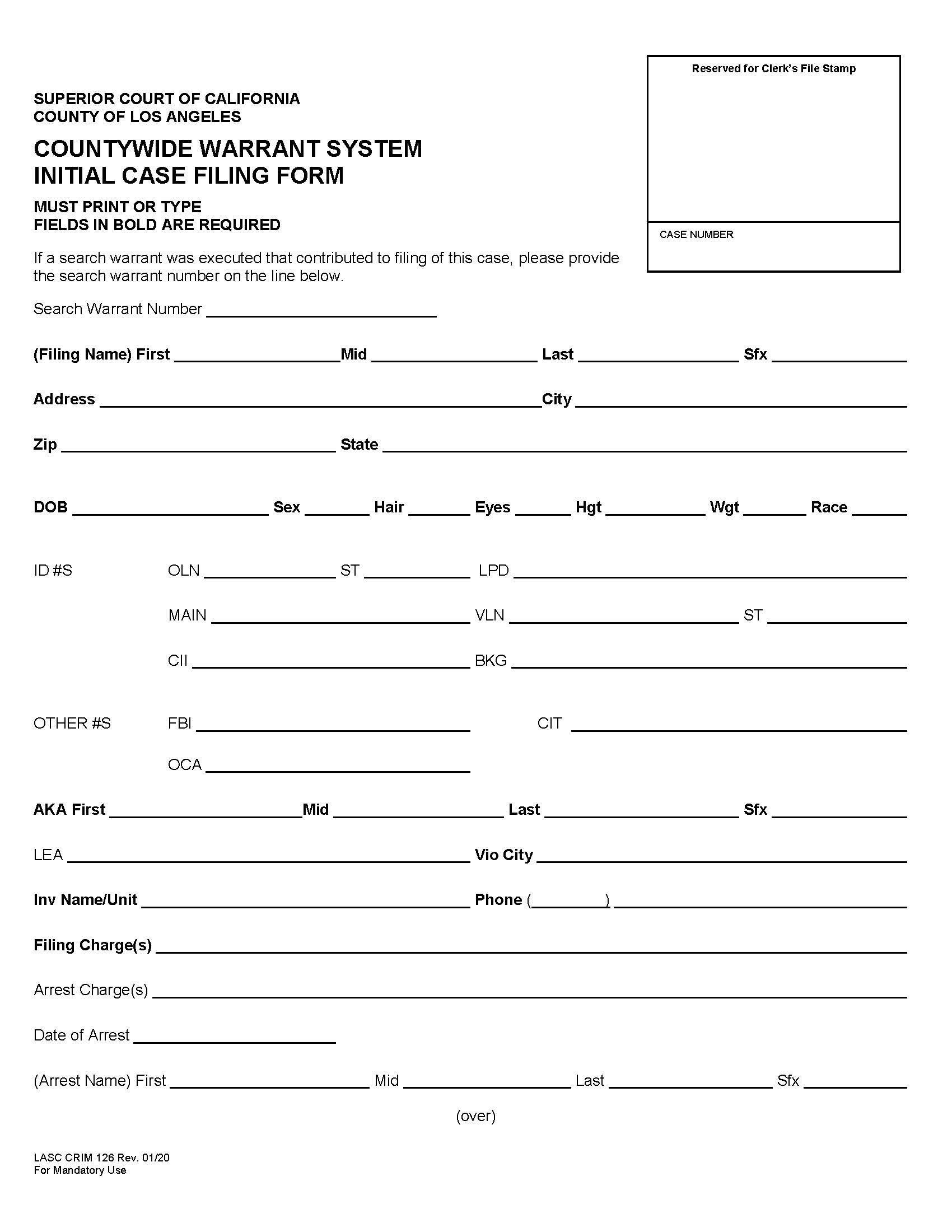 Countywide Warrant System Initial Case Filing Form {CRIM126} | Pdf Fpdf Docx | California