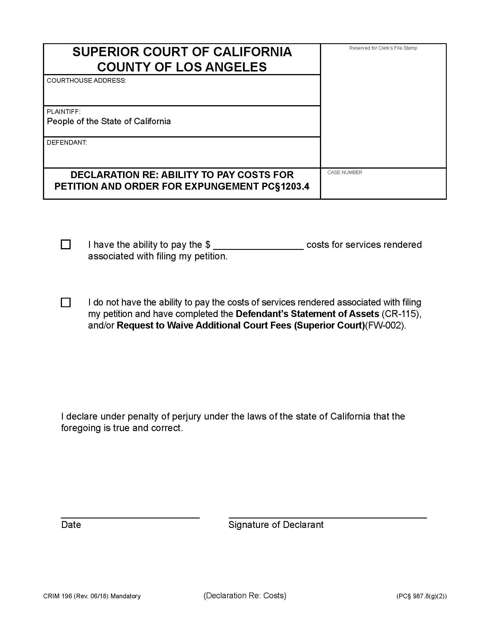 Declaration Re Ability To Pay Costs For Petition And Order For Expungement {CRIM 196} | Pdf Fpdf Docx | California