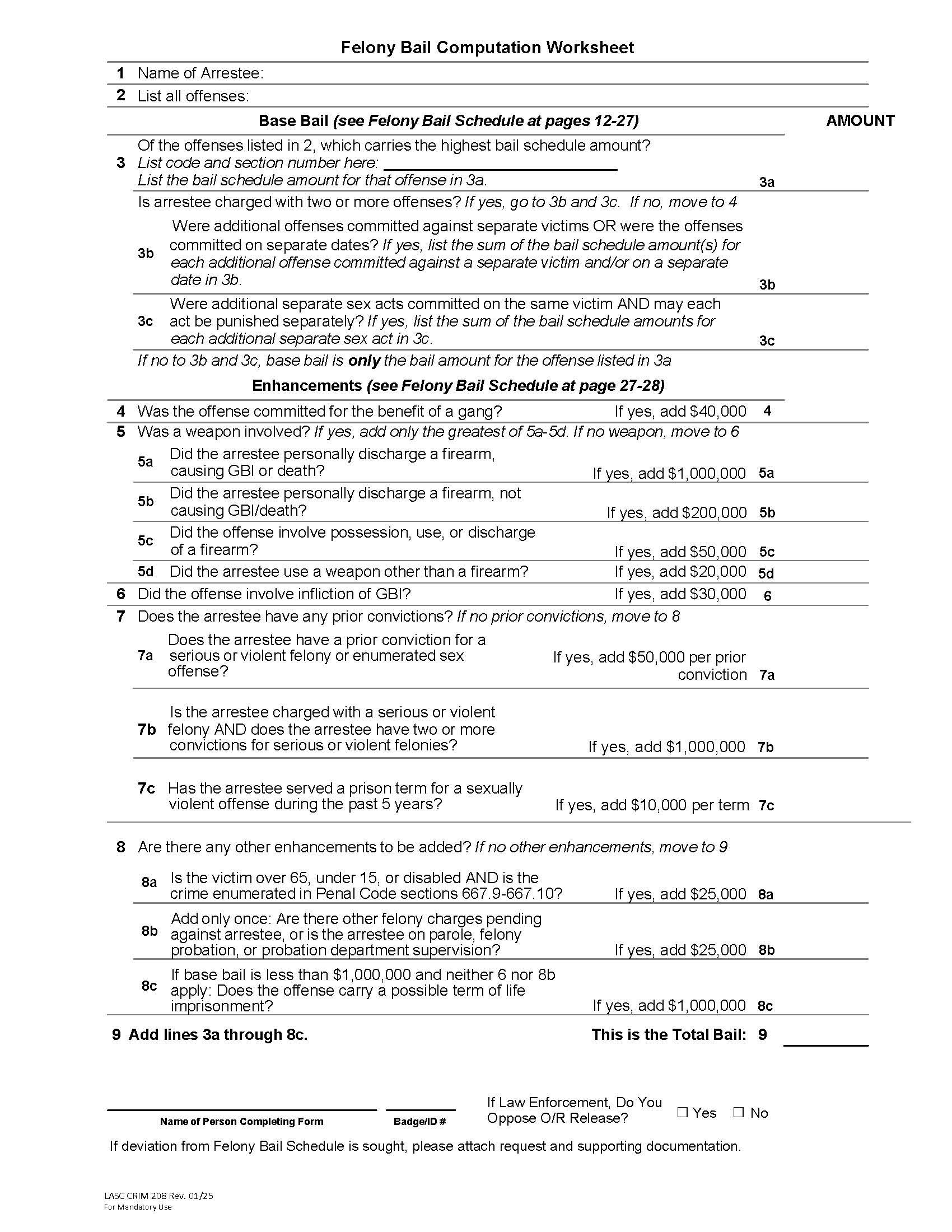 Felony Bail Computation Worksheet {CRIM208} | Pdf Fpdf Docx | California