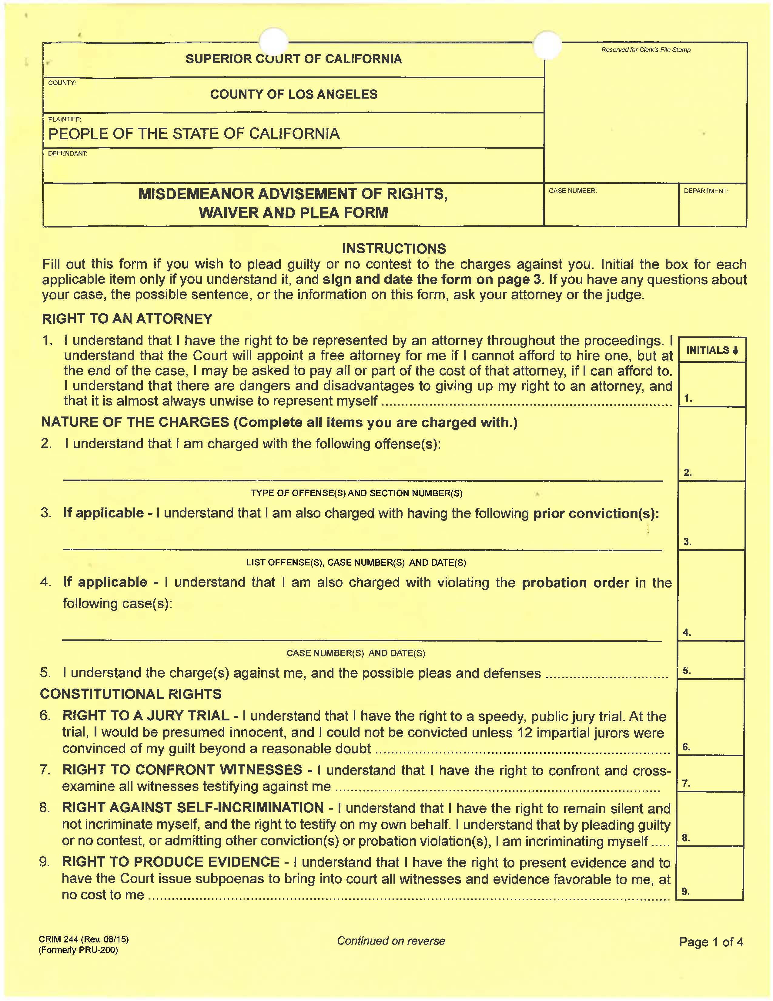Misdemeanor Advisement Of Rights Waiver And Plea Form (Los Angeles) {CRIM 244} | Pdf Fpdf Docx | California