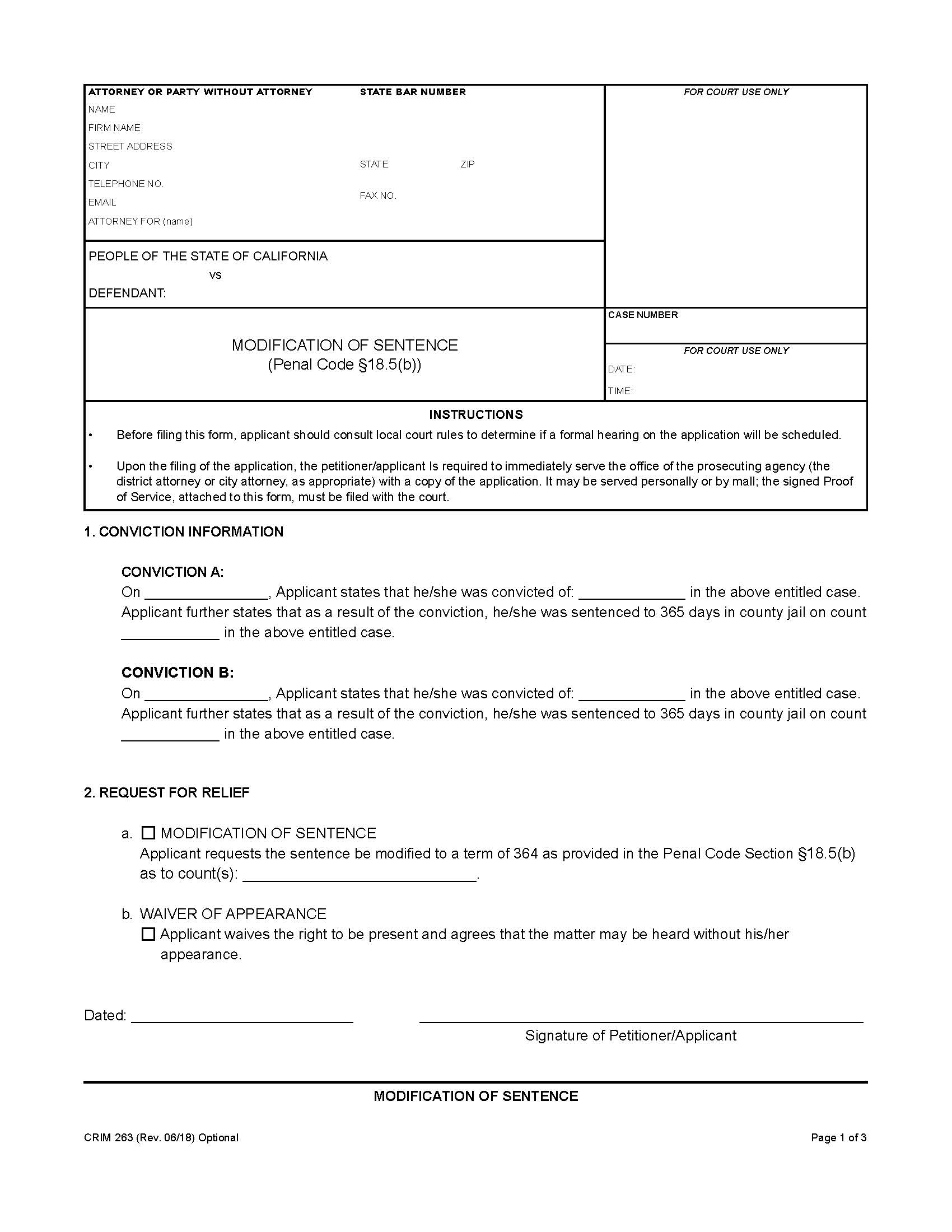 Modification Of Sentence (Penal Code Section 18.5) {CRIM 263} | Pdf Fpdf Docx | California