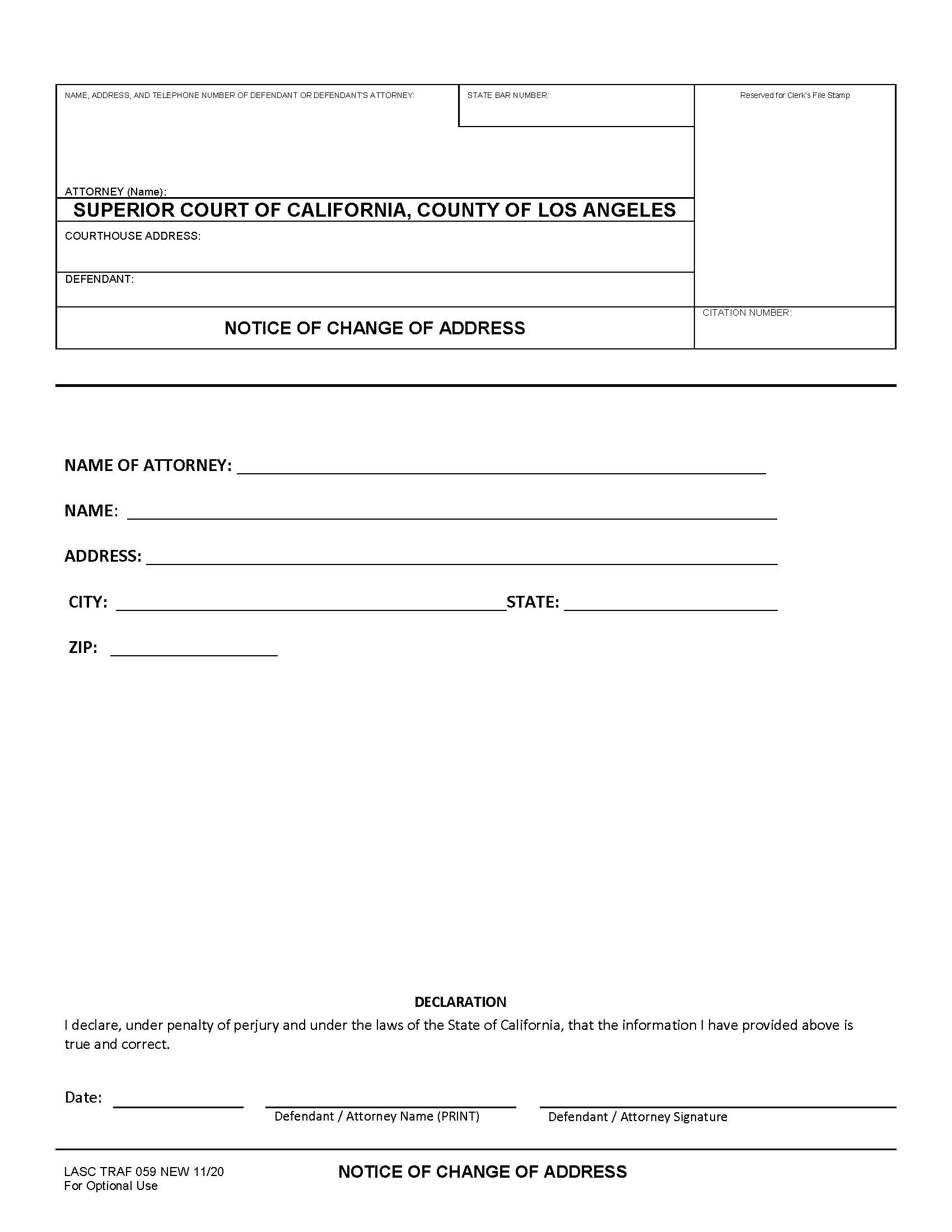 Notice Of Change Of Address (Traffic) {TRAF059} | Pdf Fpdf Docx | California