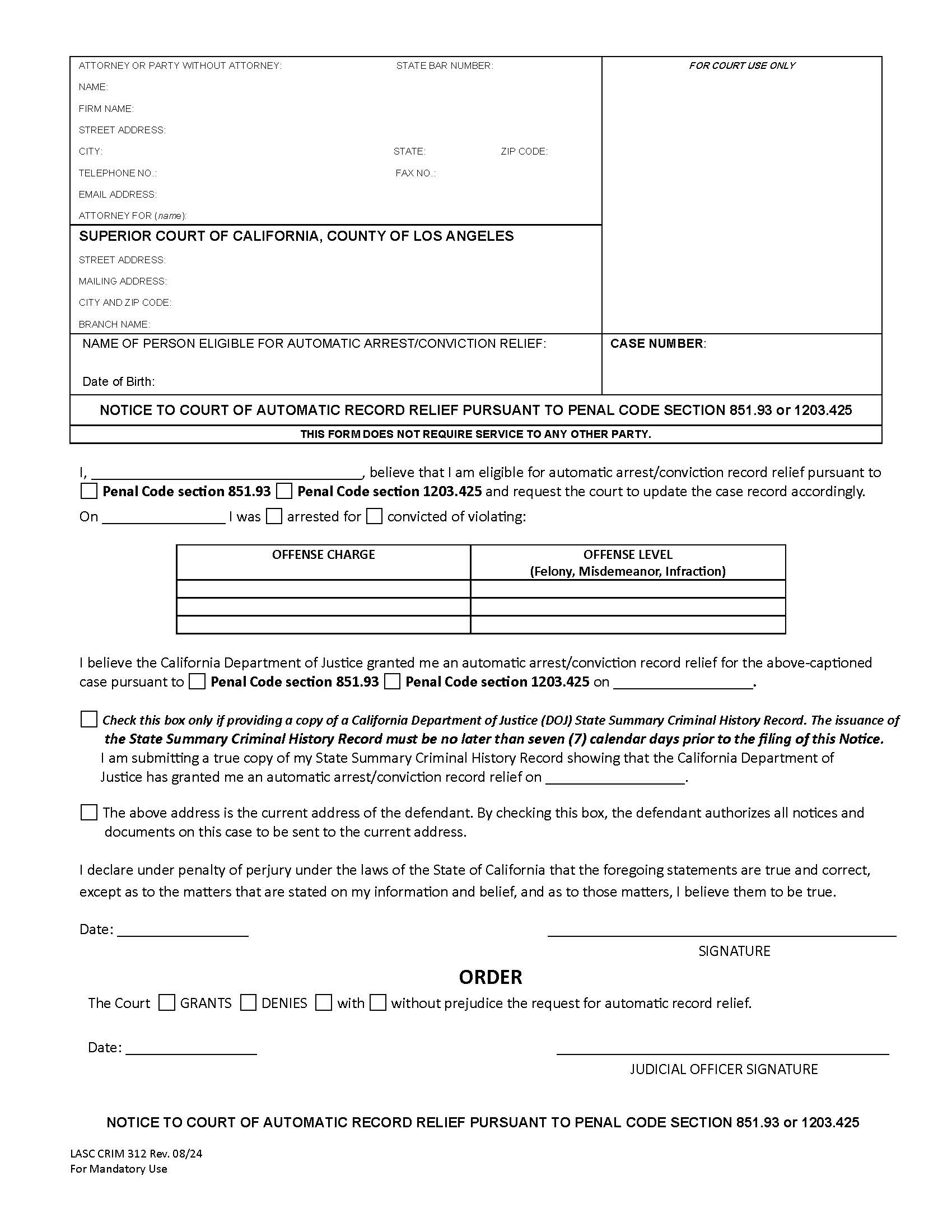 Notice To Court Automatic Record Relief Pursuant To Penal Code Section 1203.425 {CRIM 312} | Pdf Fpdf Docx | California