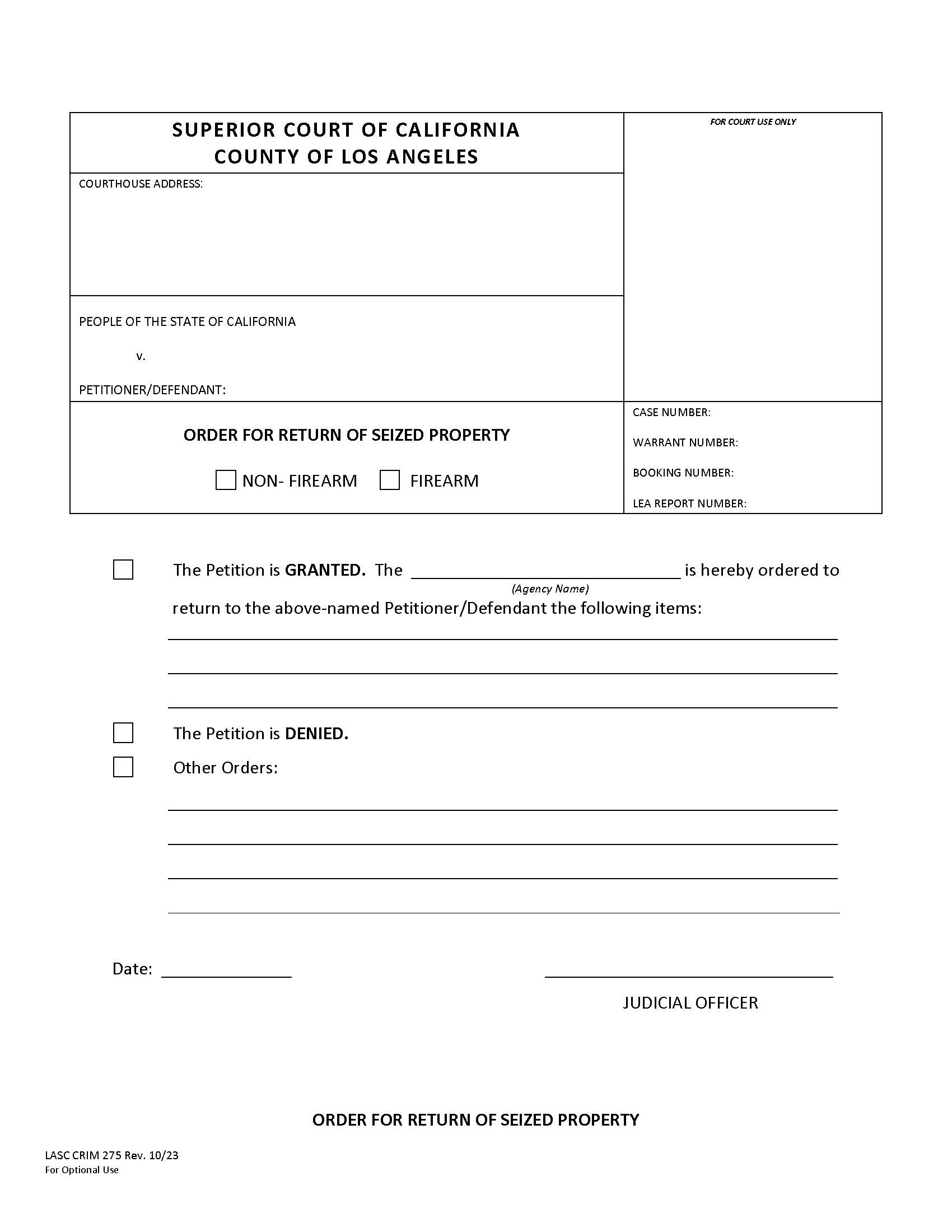 Order For Return Of Seized Property {CRIM 275} | Pdf Fpdf Docx | California