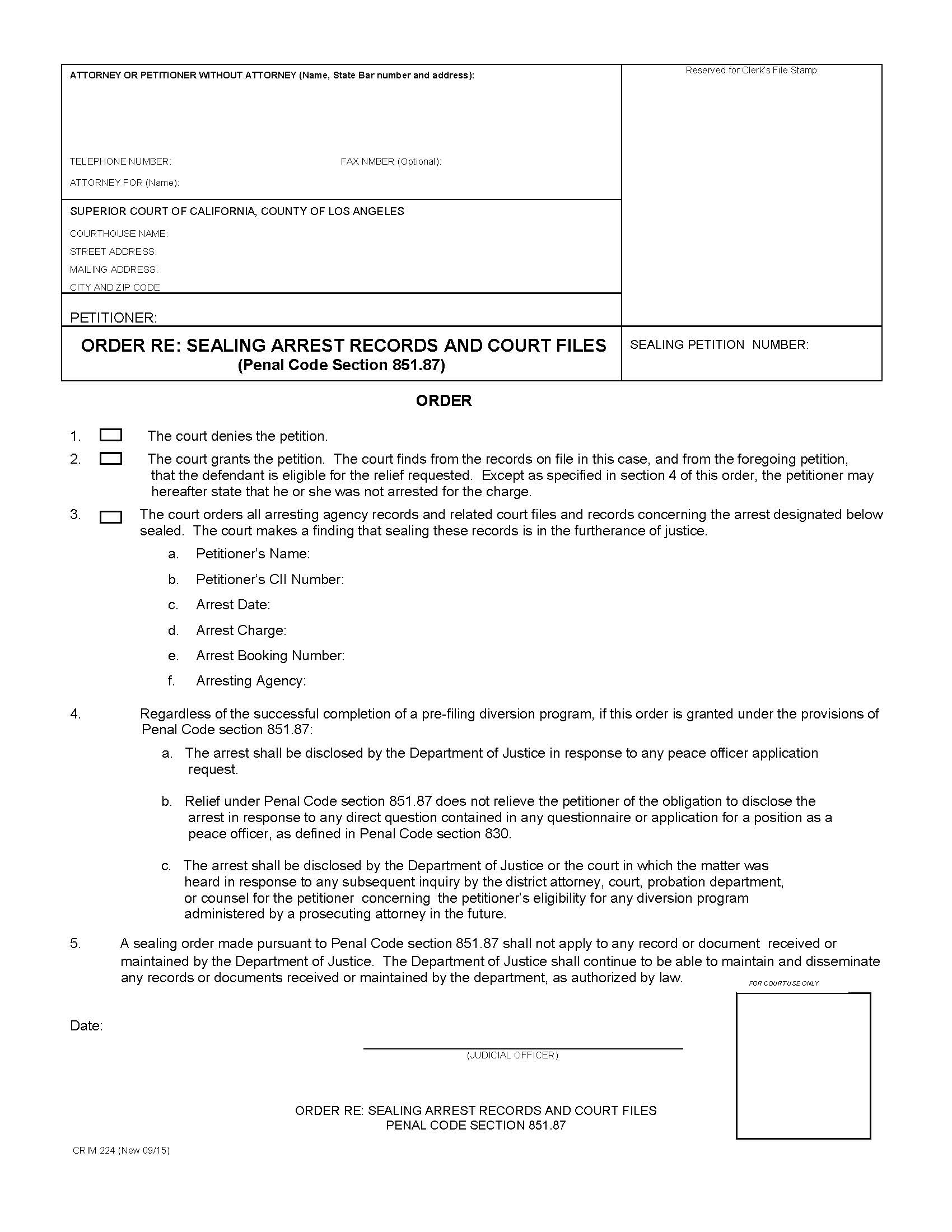 Order Re Sealing Arrest Records And Court Files (Penal Code Section 851.87) {CRIM 224} | Pdf Fpdf Docx | California