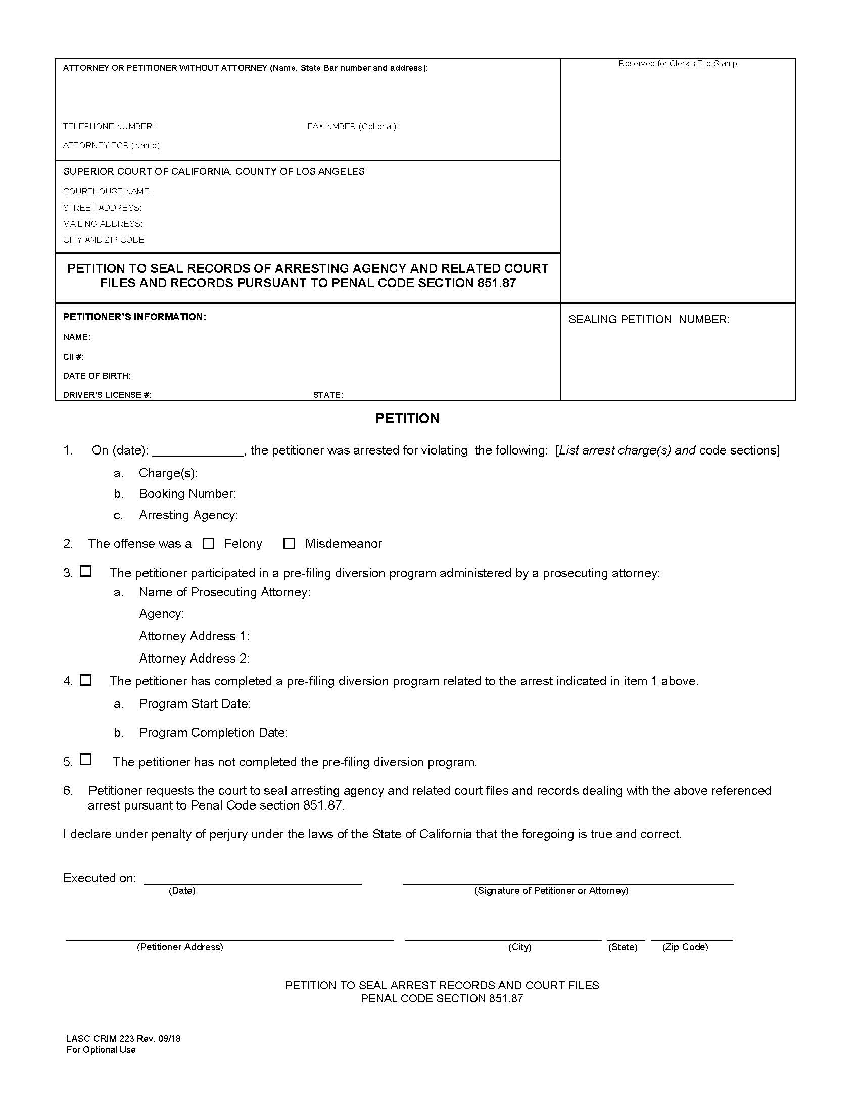 Petition To Seal Records Of Arresting Agency And Related Court Files {CRIM223} | Pdf Fpdf Docx | California