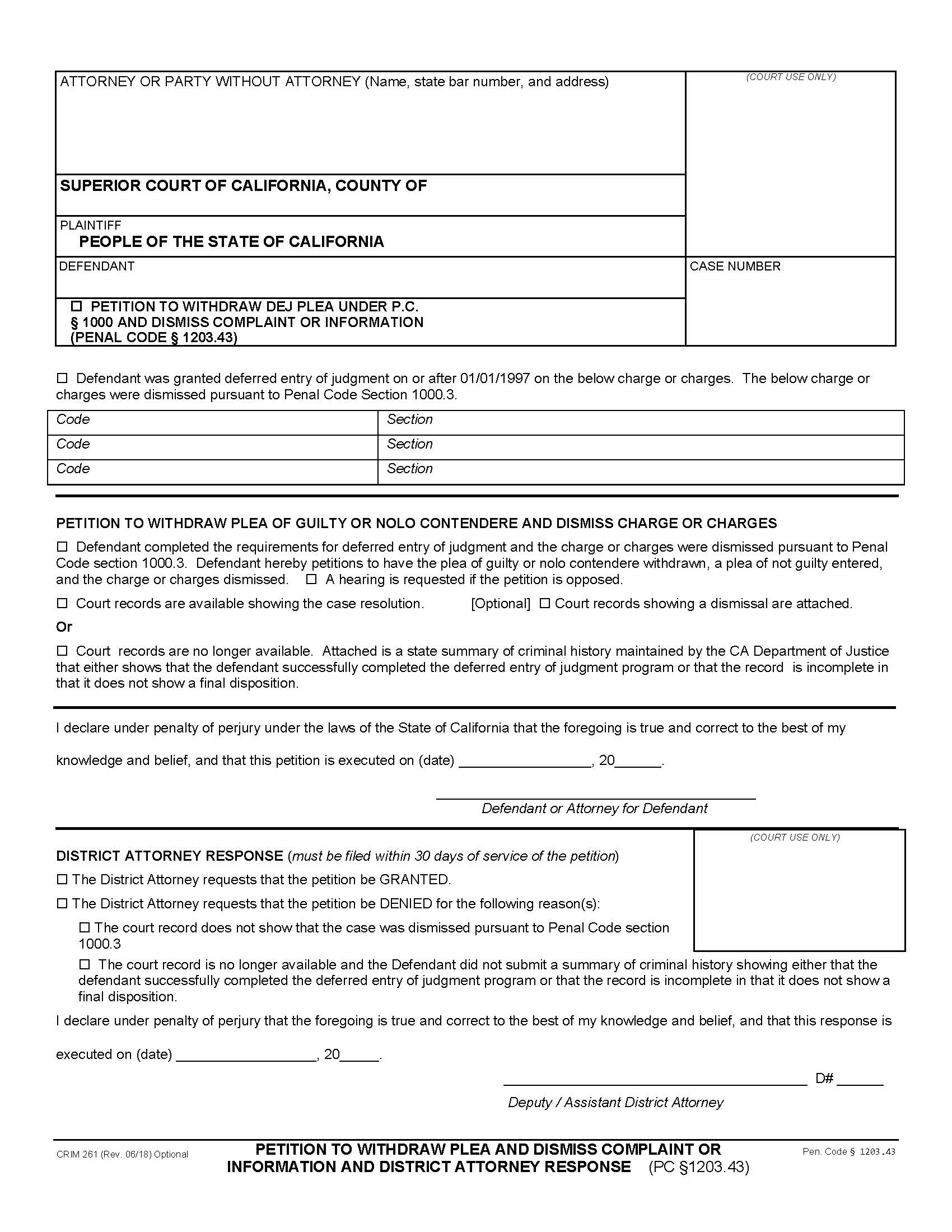 Petition To Withdraw DEJ Plea Under Penal Code Section 1000 {CRIM 261} | Pdf Fpdf Docx | California