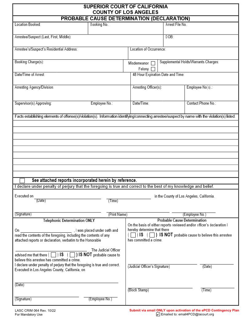 Probable Cause Determination (Declaration) {CRIM064} | Pdf Fpdf Docx | California