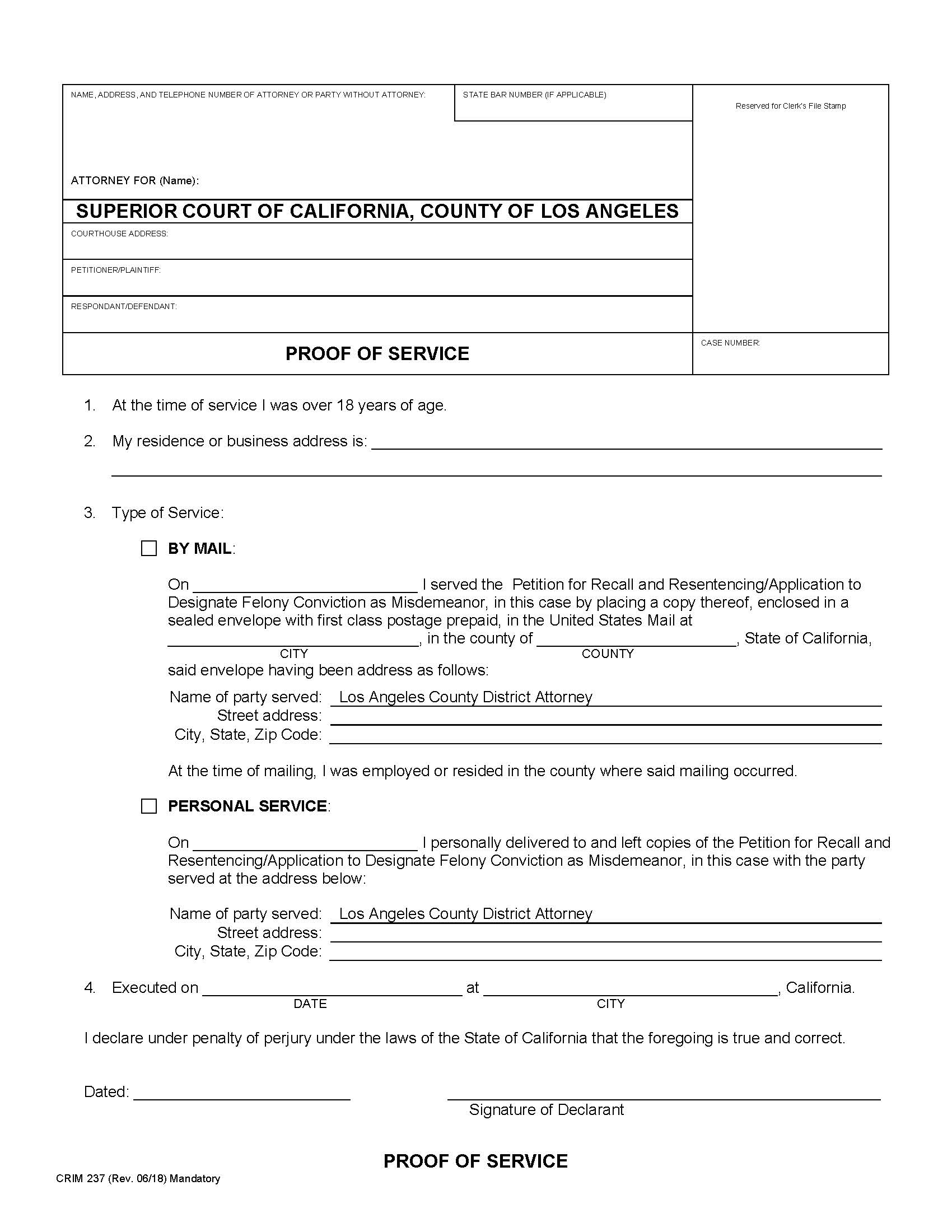 Proof Of Service {CRIM237} | Pdf Fpdf Docx | California