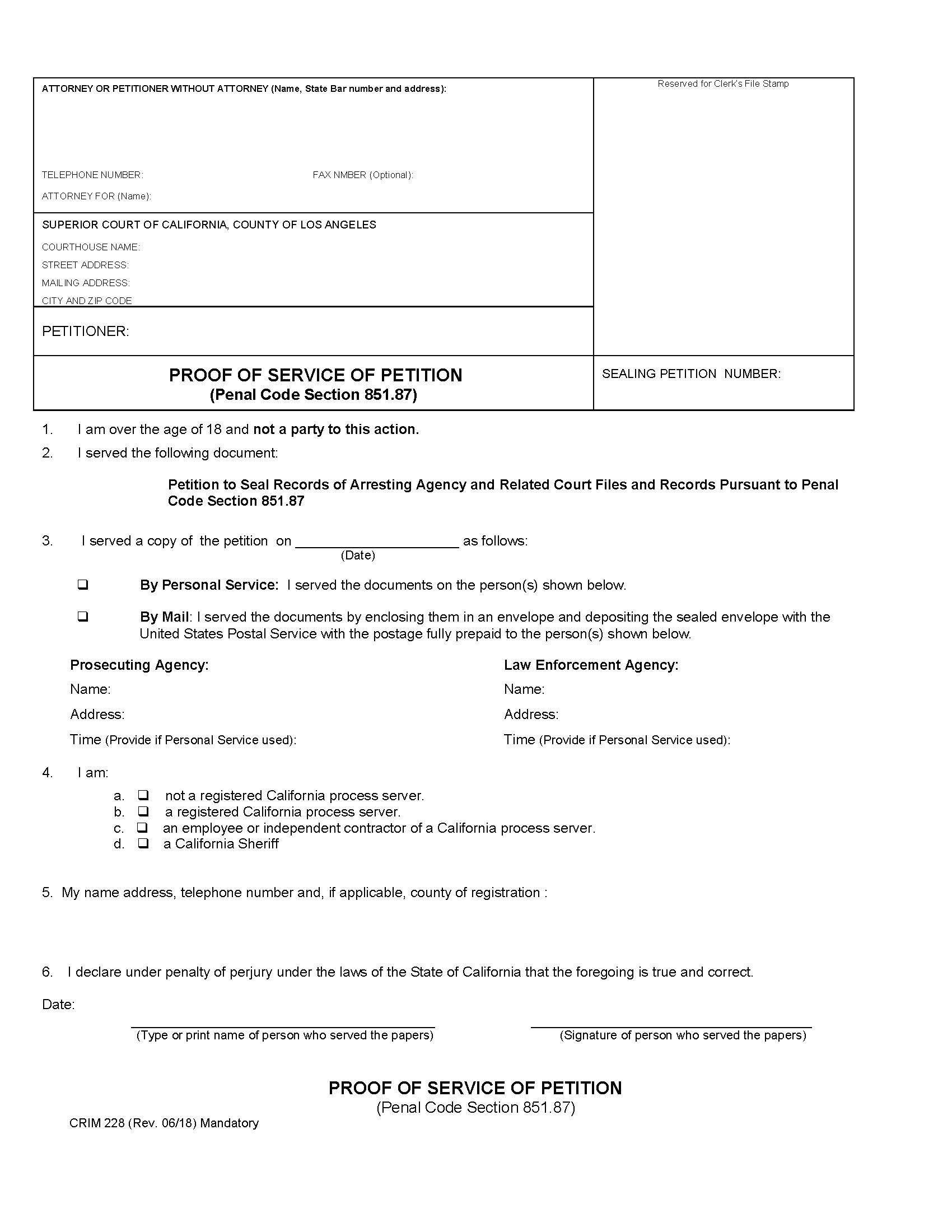 Proof Of Service Of Petition (Penal Code Section 851.87) {CRIM 228} | Pdf Fpdf Docx | California