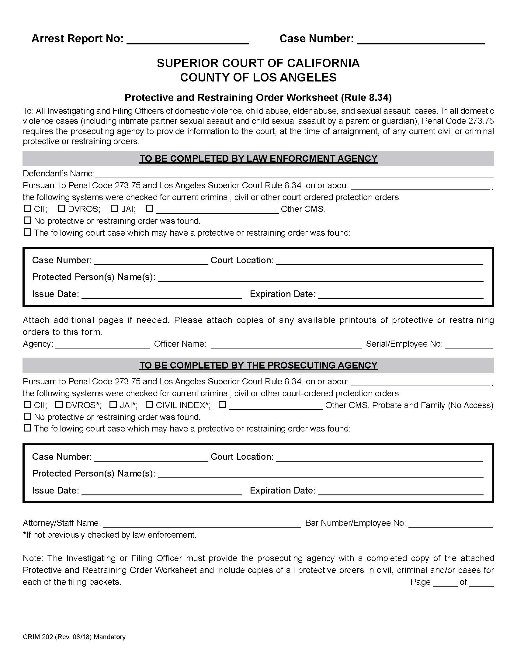 Protective And Restraining Order Worksheet {CRIM 202} | Pdf Fpdf Docx | California
