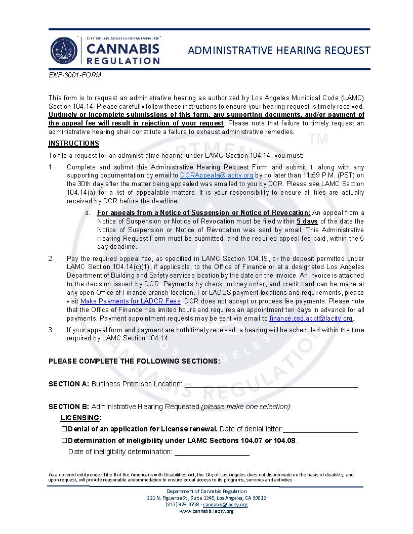 Administrative Hearing Request {ENF-3001-FORM} | Pdf Fpdf Docx | California