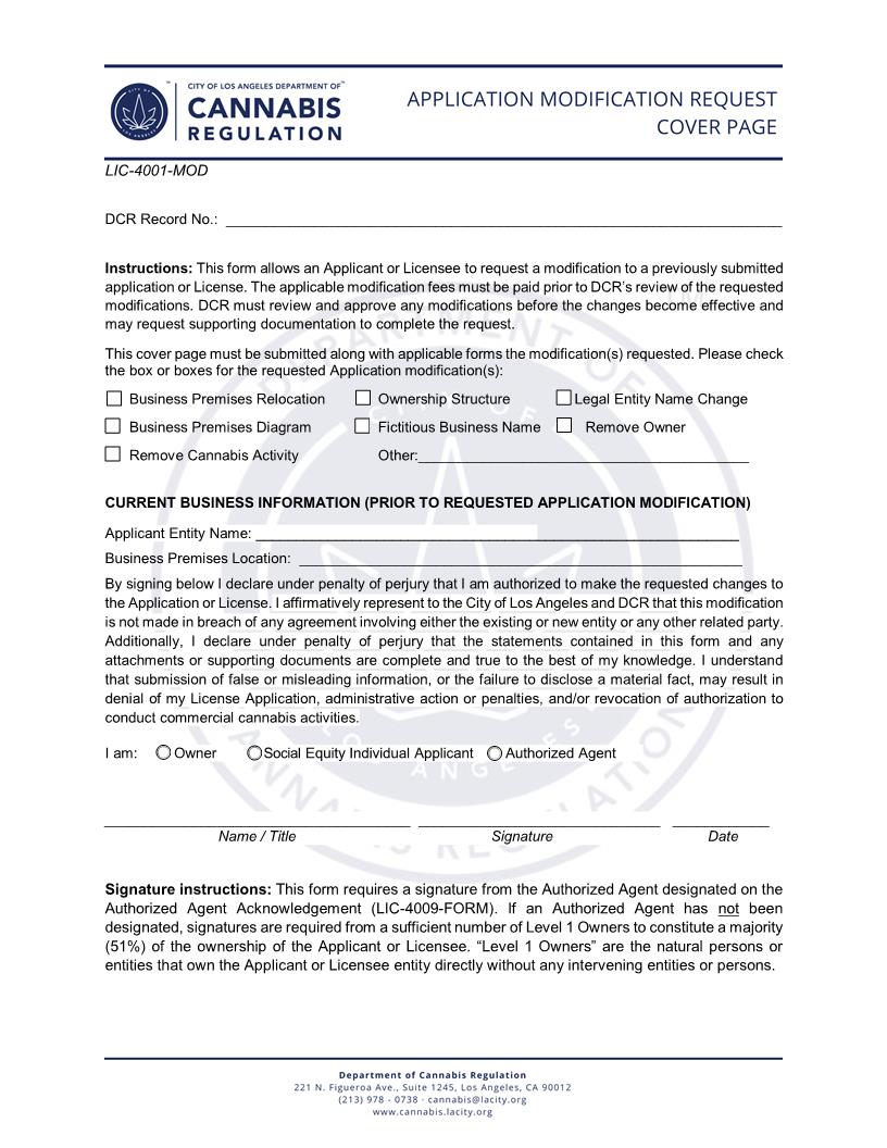 Application Modification Request Cover Page {LIC-4001-MOD} | Pdf Fpdf Docx | California