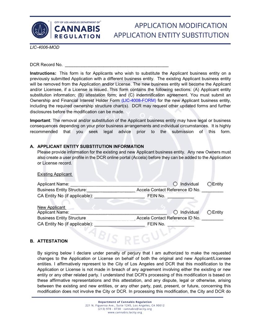 Application Modification Request-Applicant Entity Substitution (General) (Cannabis Regulation) {LIC-4006-MOD} | Pdf Fpdf Docx | California