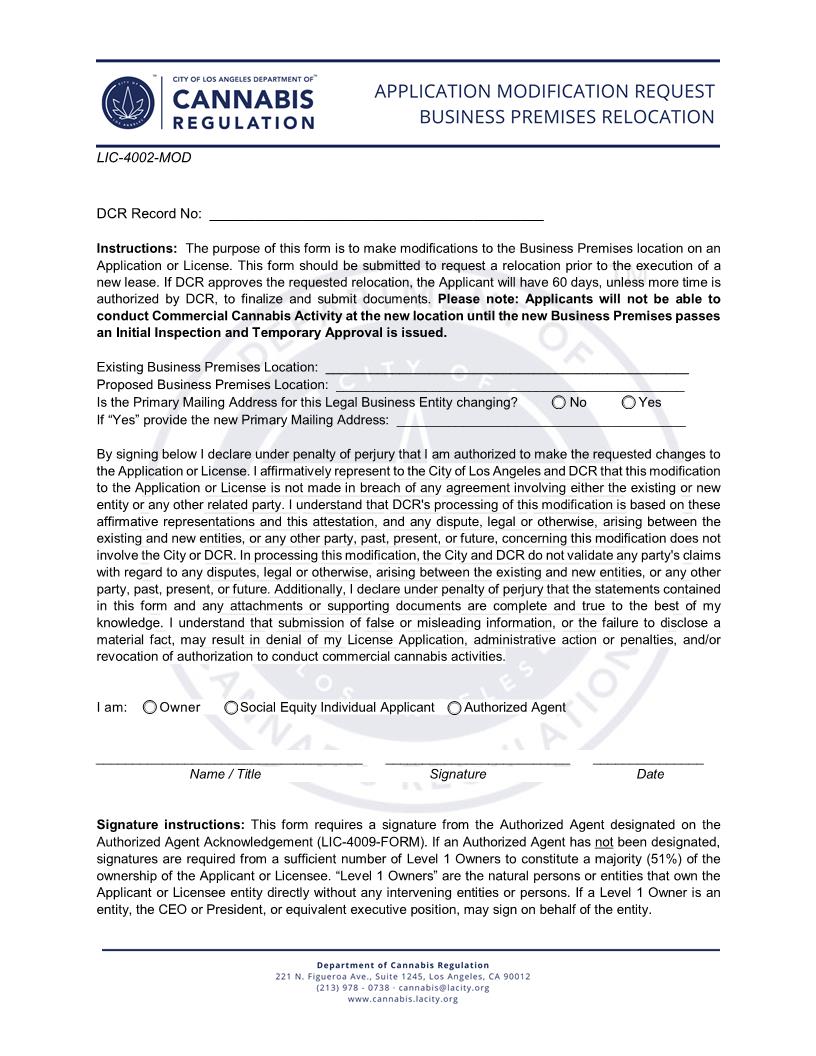 Application Modification Request-Business Premises Relocation (Cannabis Regulation) {LIC-4002-MOD} | Pdf Fpdf Docx | California