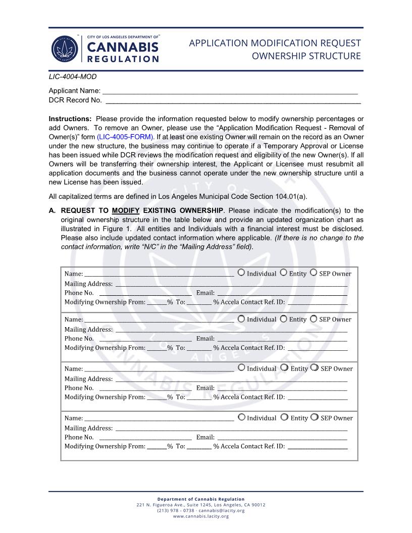 Application Modification Request-Ownership Structure (Cannabis Regulation) {LIC-4004-MOD} | Pdf Fpdf Docx | California