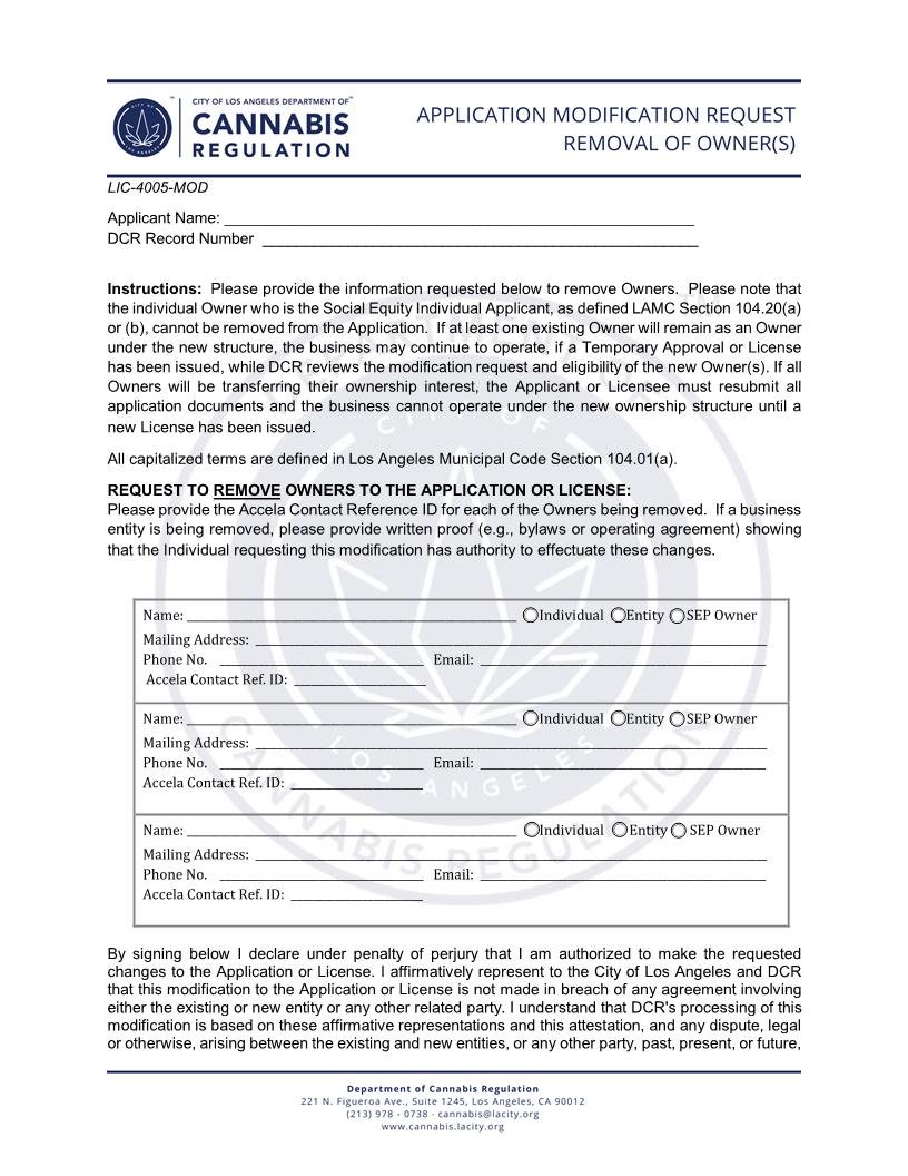 Application Modification Request-Removal Of Owner(s) (Cannabis Regulation) {LIC-4005-MOD} | Pdf Fpdf Docx | California