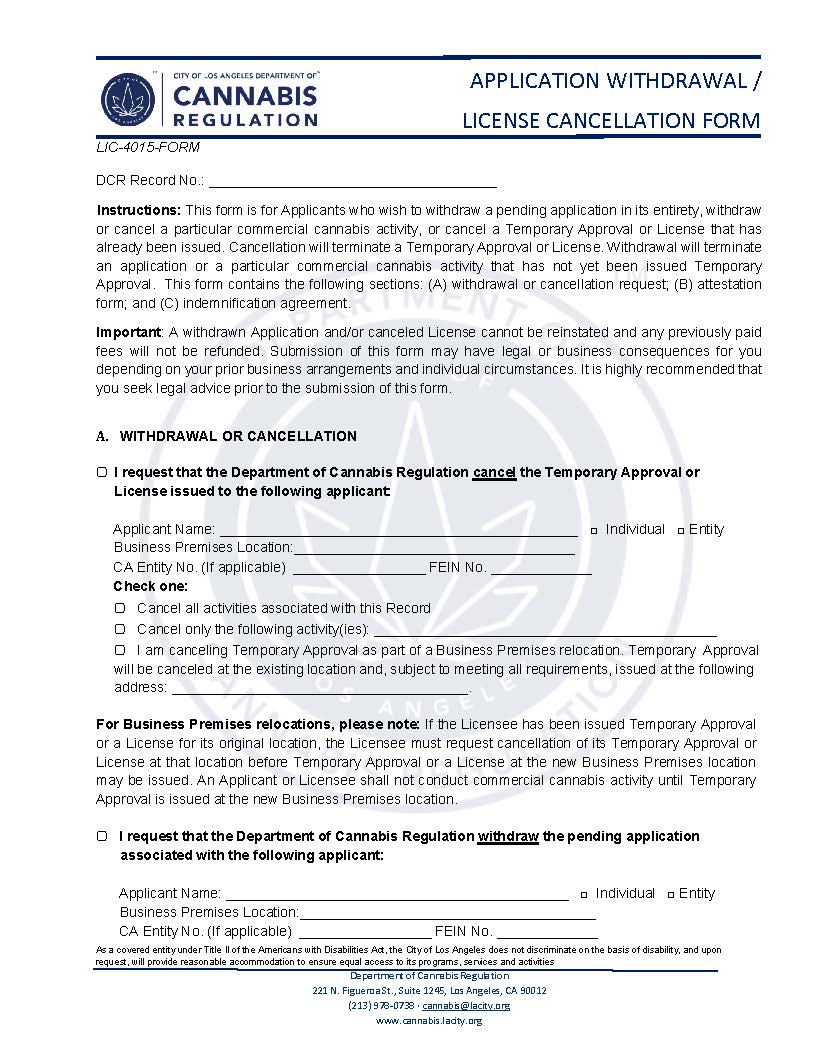 Application Withdrawal-License Cancellation (Cannabis Regulation) {LIC-4015-FORM} | Pdf Fpdf Docx | California