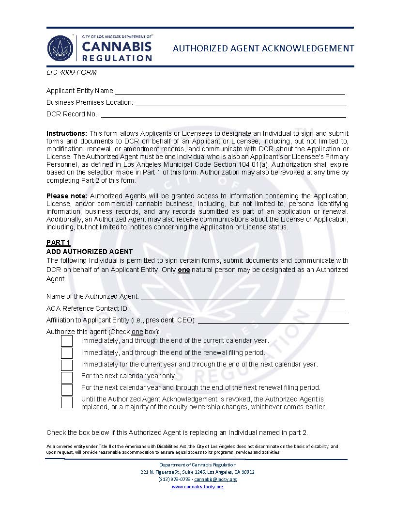 Authorized Agent Acknowledgment (Cannabis Regulation) {LIC-4009-FORM} | Pdf Fpdf Docx | California