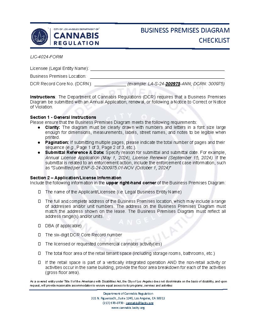 Business Premises Diagram Check List {LIC-4024} | Pdf Fpdf Docx | California