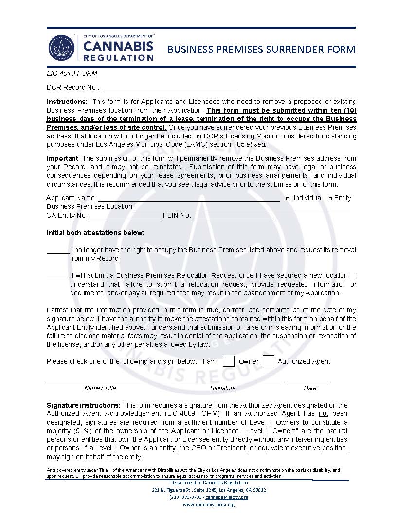 Business Premises Surrender Form {LIC-4019-FORM} | Pdf Fpdf Docx | California