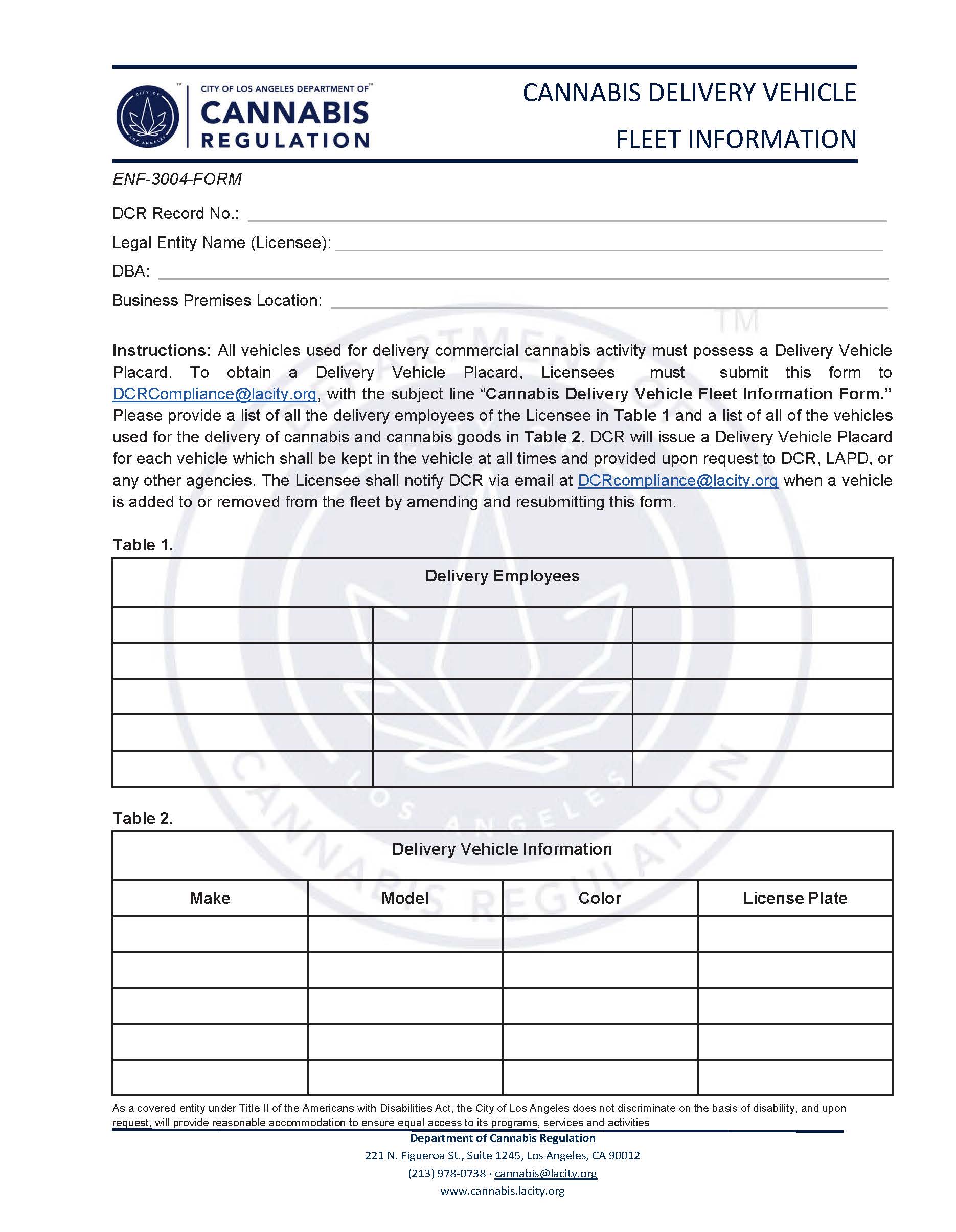 Cannabis Delivery Vehicle Fleet Information {ENF-3004-FORM} | Pdf Fpdf Docx | California