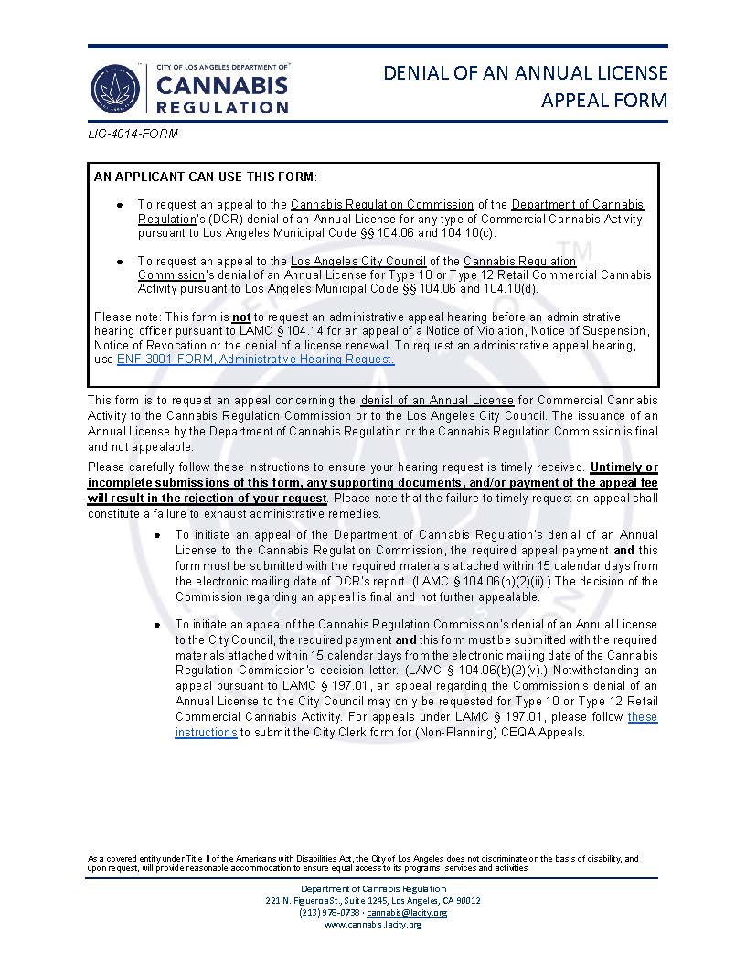 Denial Of An Annual License Appeal Form {LIC-4014-FORM} | Pdf Fpdf Docx | California