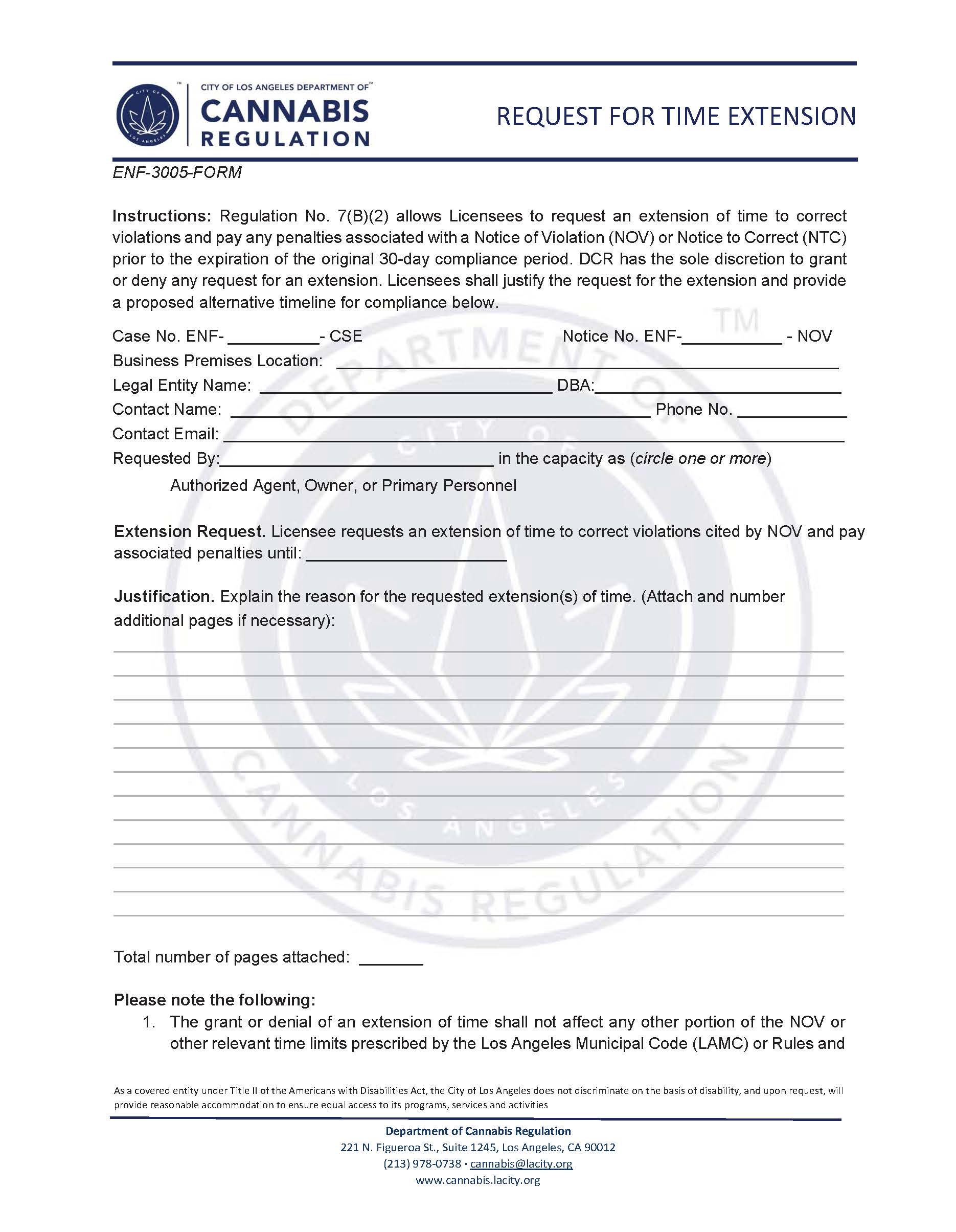 Extension Of Time To Comply With NOV {ENF-3005-FORM} | Pdf Fpdf Docx | California