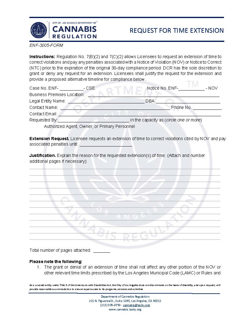 Extension Of Time To Comply With NOV {ENF-3005-FORM} | Pdf Fpdf Docx | California