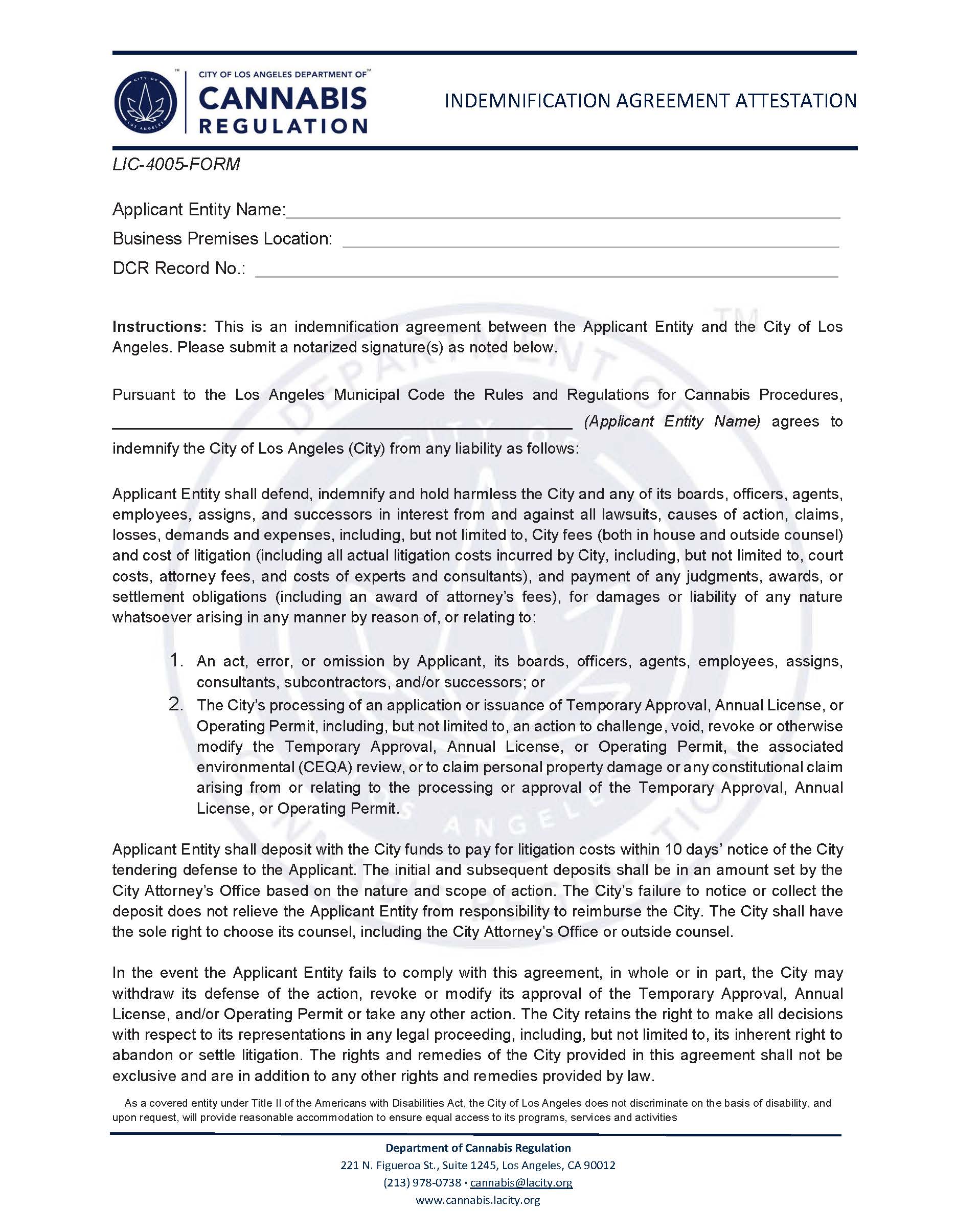 Indemnification Agreement (Cannabis Regulation) {LIC-4005-FORM} | Pdf Fpdf Docx | California