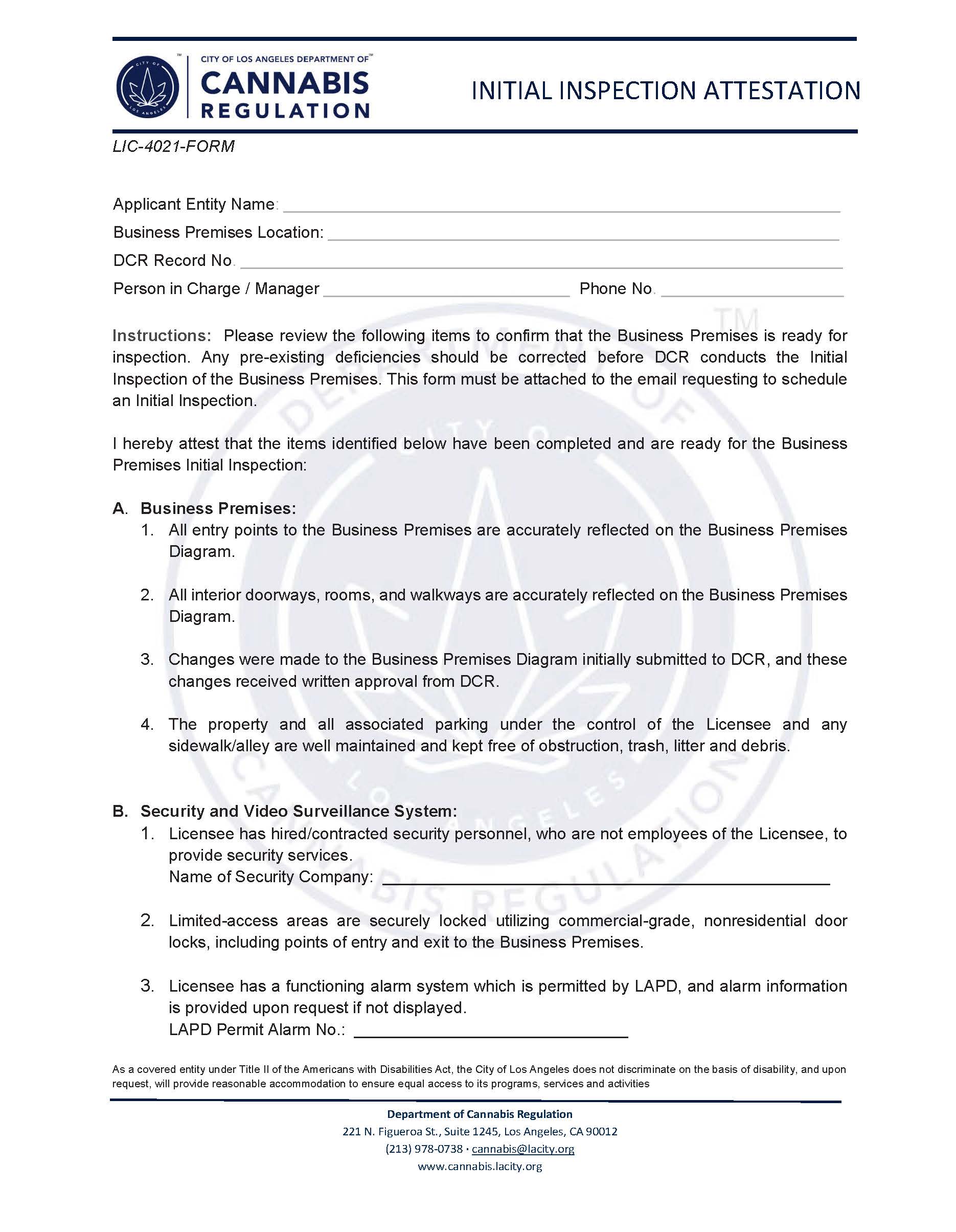 Initial Inspection Attestation (Cannabis Regulation) {LIC-4021-FORM} | Pdf Fpdf Docx | California