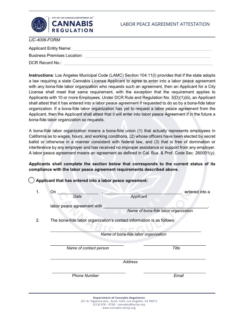Labor Peace Agreement (Cannabis Regulation) {LIC-4006-FORM} | Pdf Fpdf Docx | California