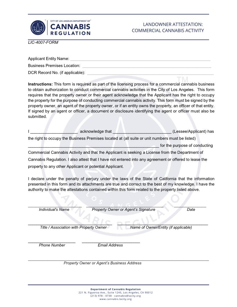 Landowner Attestation (Cannabis Regulation) {LIC-4007-FORM} | Pdf Fpdf Docx | California