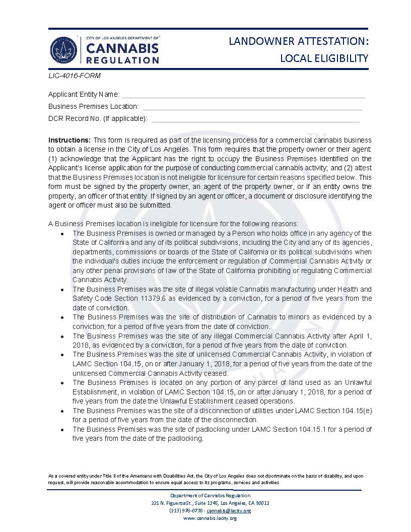 Landowner Attestation-Location Eligibility (Cannabis Regulation) {LIC-4016-FORM} | Pdf Fpdf Docx | California