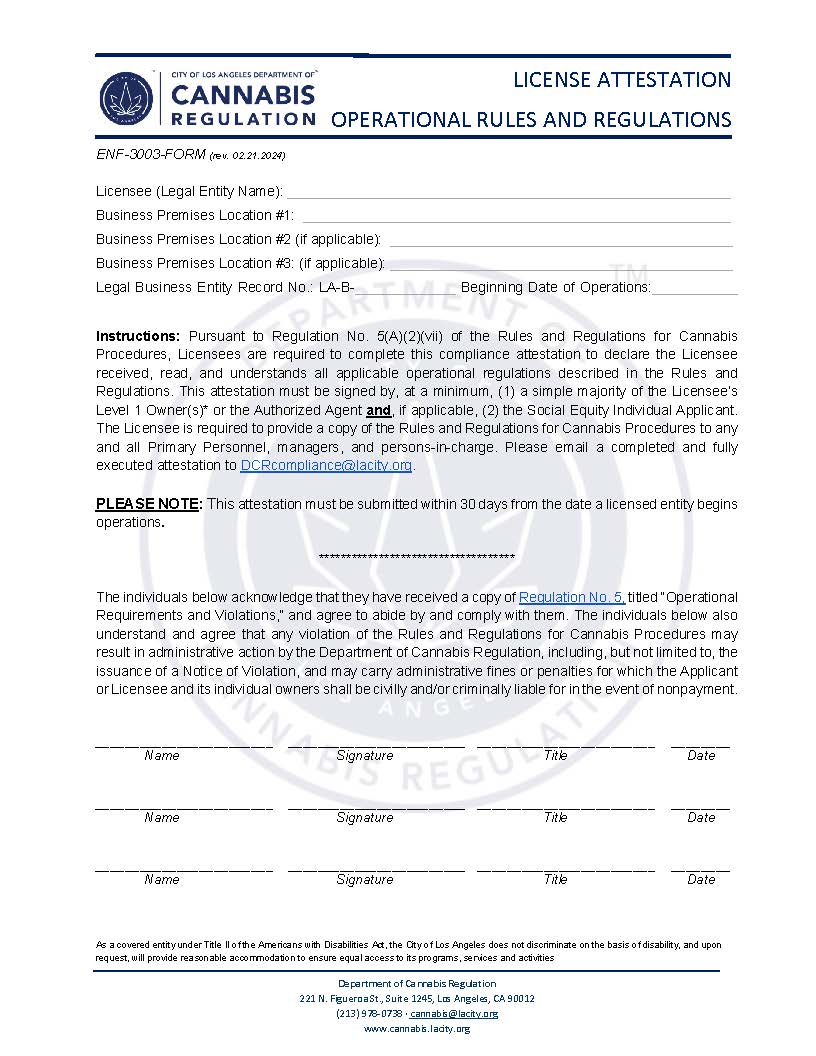 Licensee Attestation Operational Rules And Regulations {ENF-3003-FORM} | Pdf Fpdf Docx | California