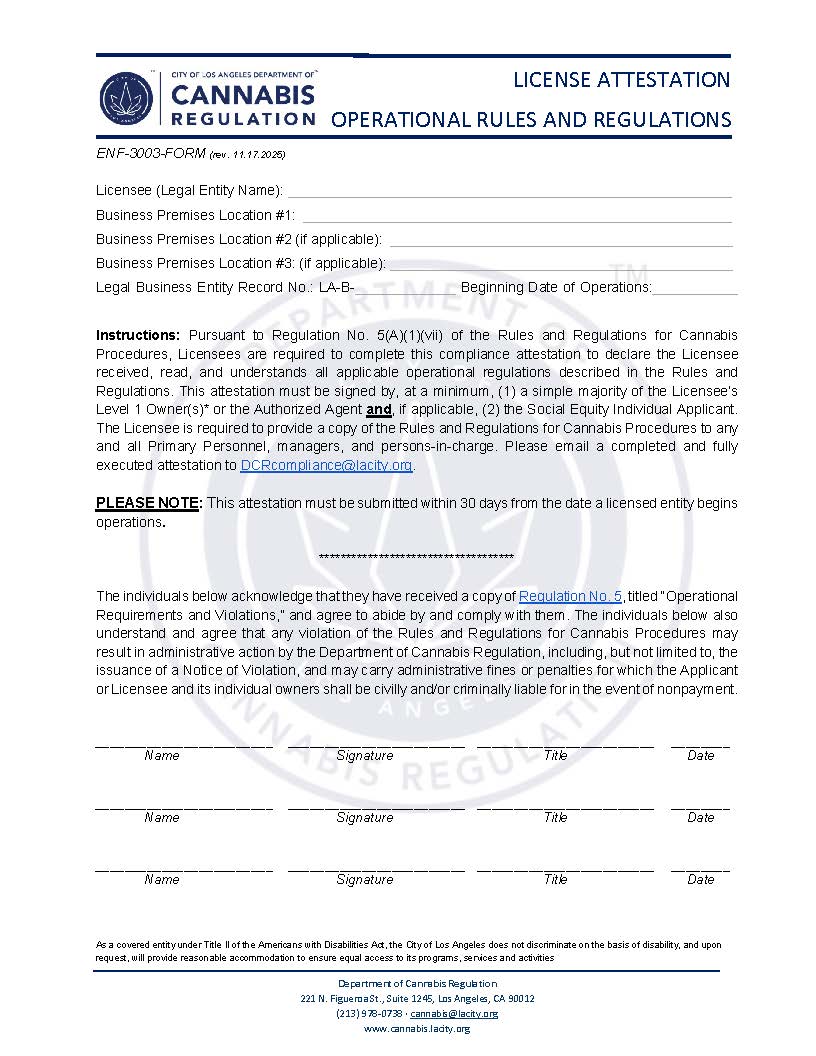 Licensee Attestation Operational Rules And Regulations {ENF-3003-FORM} | Pdf Fpdf Docx | California