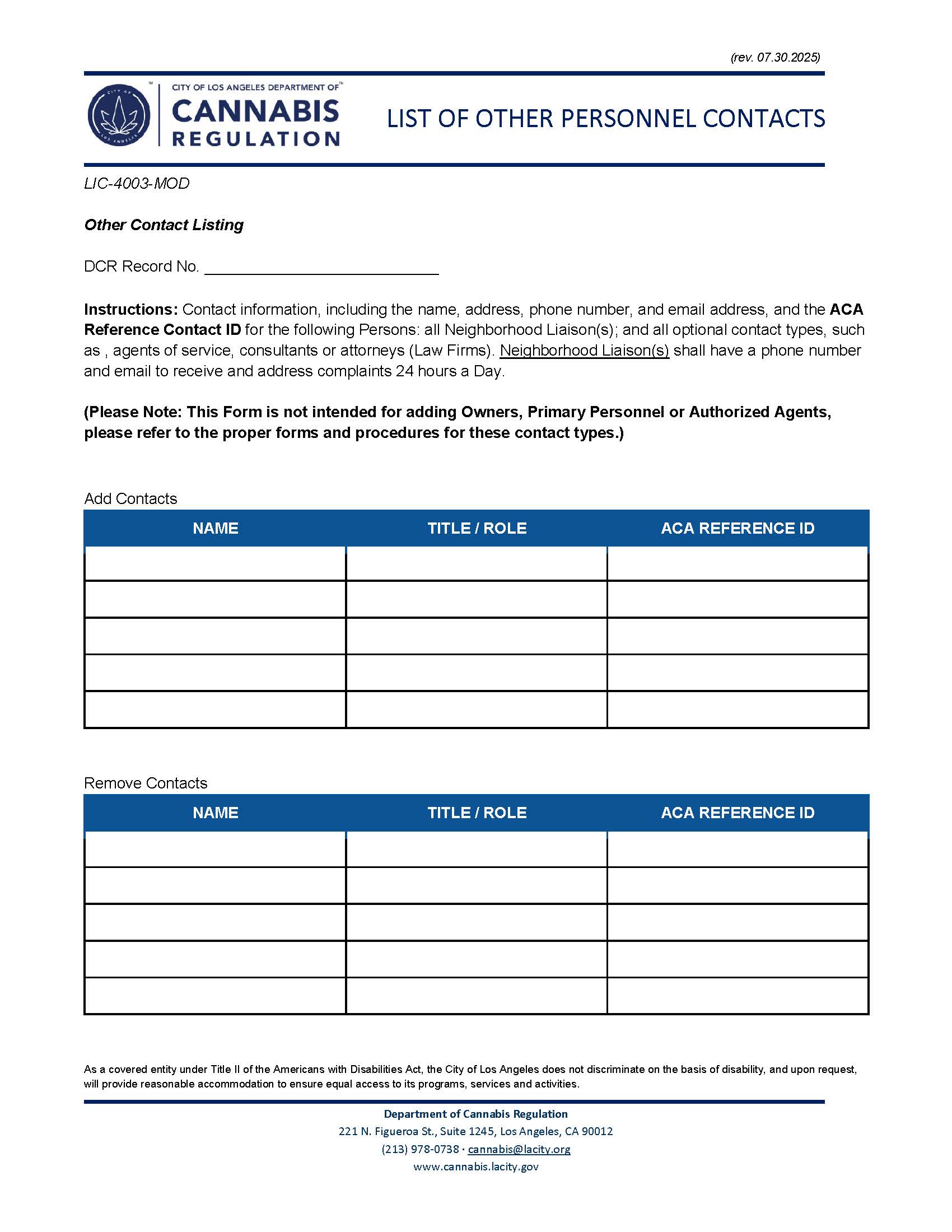 List of Primary Personnel and Owner(s) (Cannabis Regulation) {LIC-4003-FORM} | Pdf Fpdf Docx | California