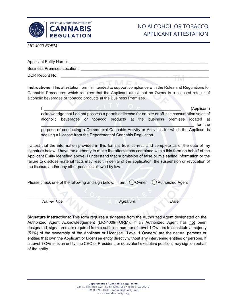No Alcohol Or Tobacco Applicant Attestation (Cannabis Regulation) {LIC-4020-FORM} | Pdf Fpdf Docx | California