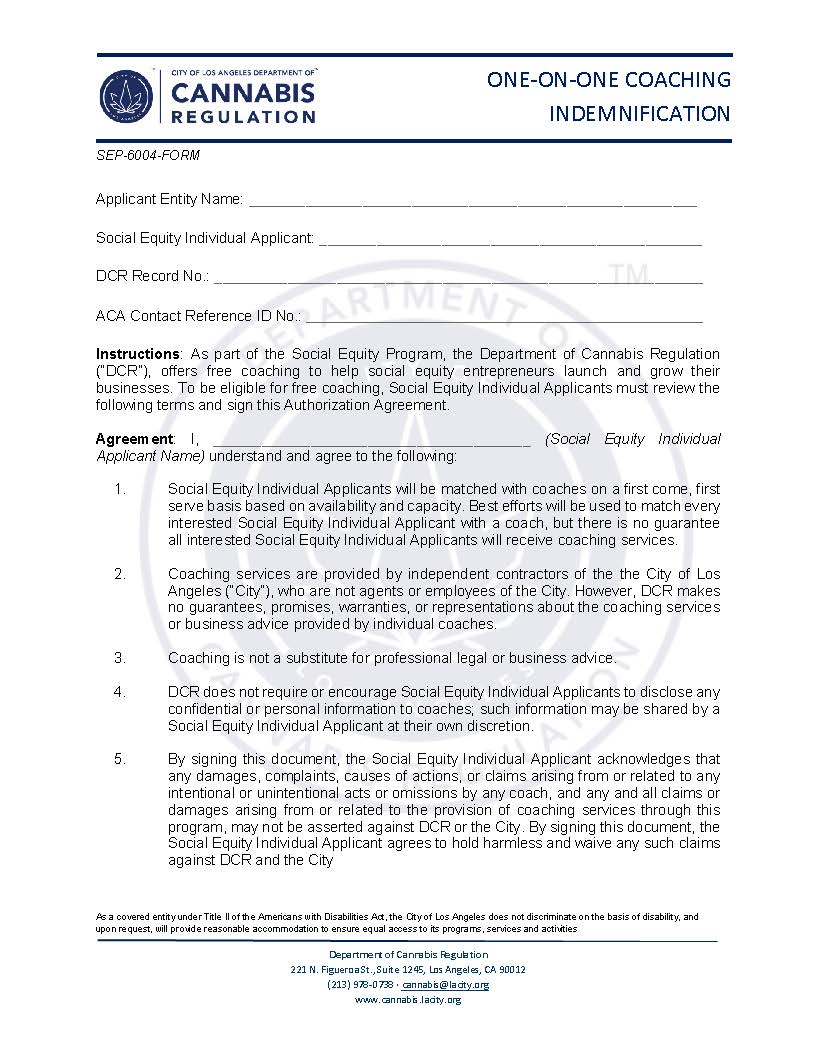One-On-One Coaching Indemnification Form {SEP-6004-FORM} | Pdf Fpdf Docx | California