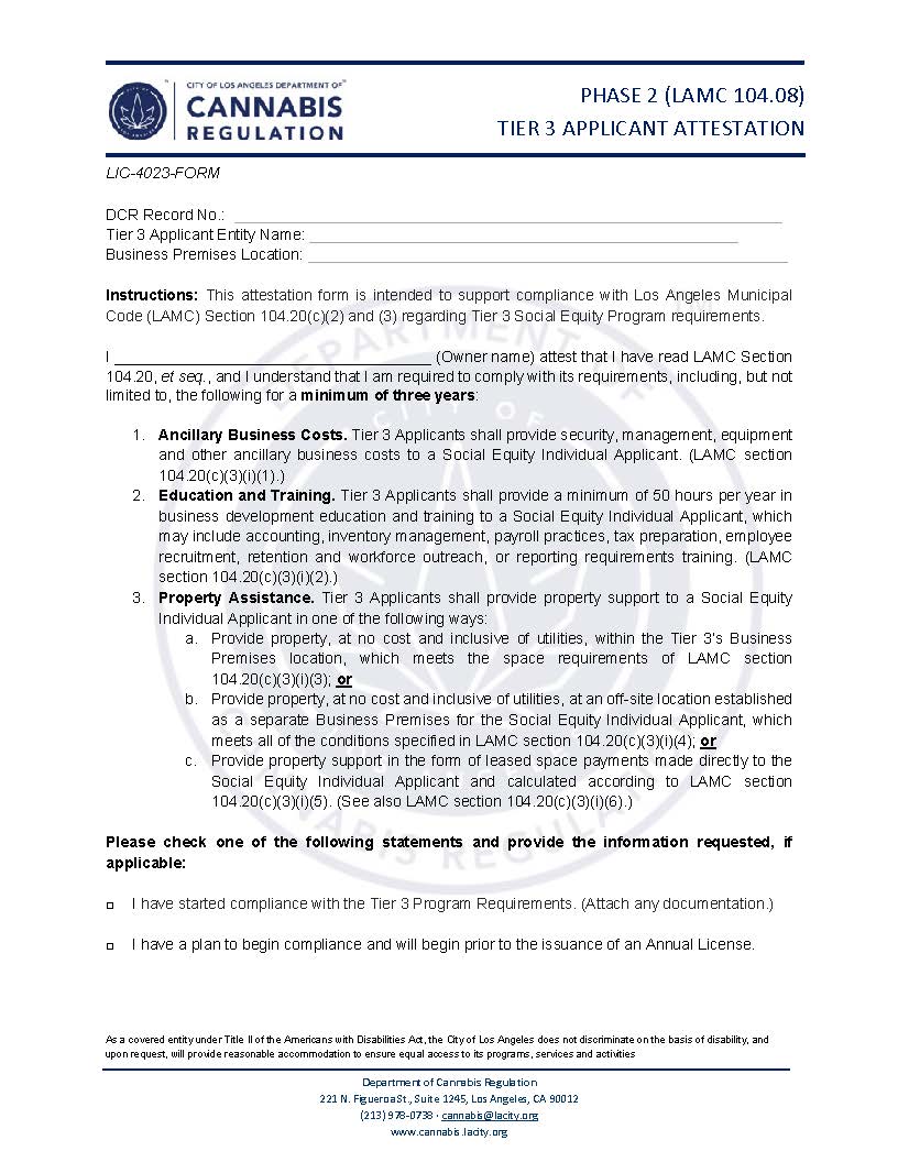 Phase 2 (LAMC 104.08) Tier 3 Applicant Attestation {LIC-4023-FORM} | Pdf Fpdf Docx | California