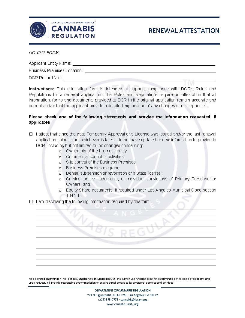 Primary Personnel And Owner Attestation (Renewal) (Cannabis Regulation) {LIC-4017-FORM} | Pdf Fpdf Docx | California
