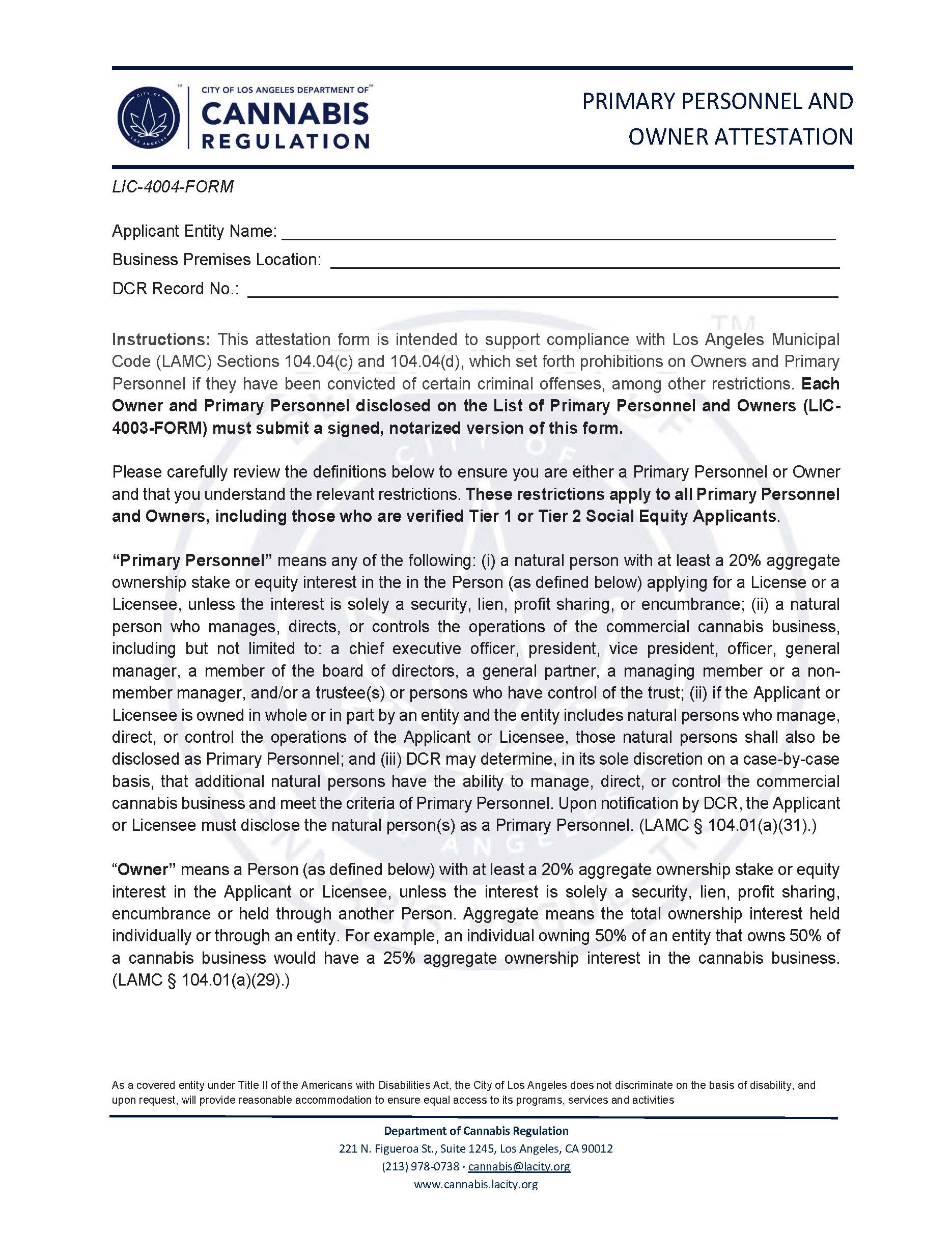 Primary Personnel and Owner Attestation (Cannabis Regulation) {LIC-4004-FORM} | Pdf Fpdf Docx | California