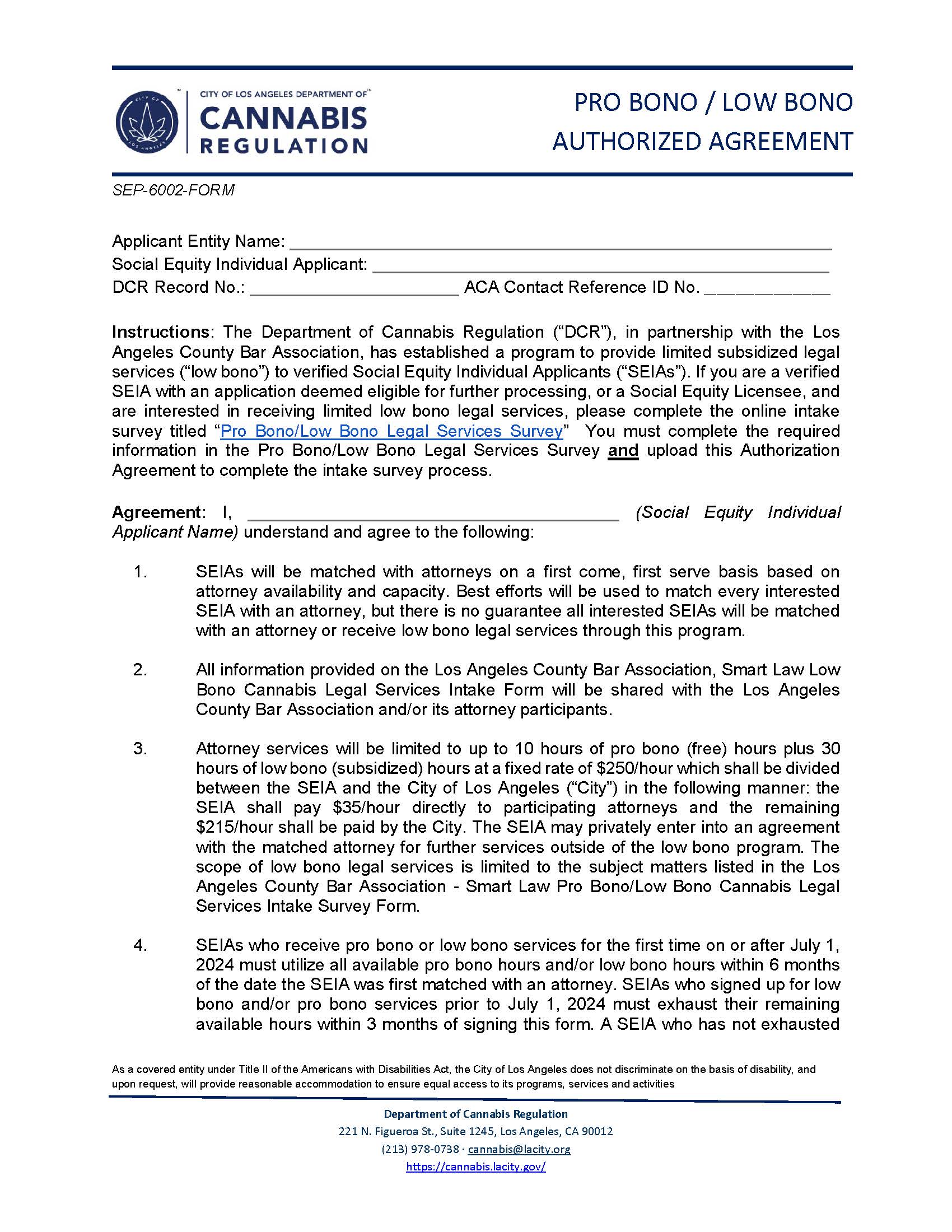 Pro Bono-Low Bono Authorization Agreement {SEP-6002-FORM} | Pdf Fpdf Docx | California