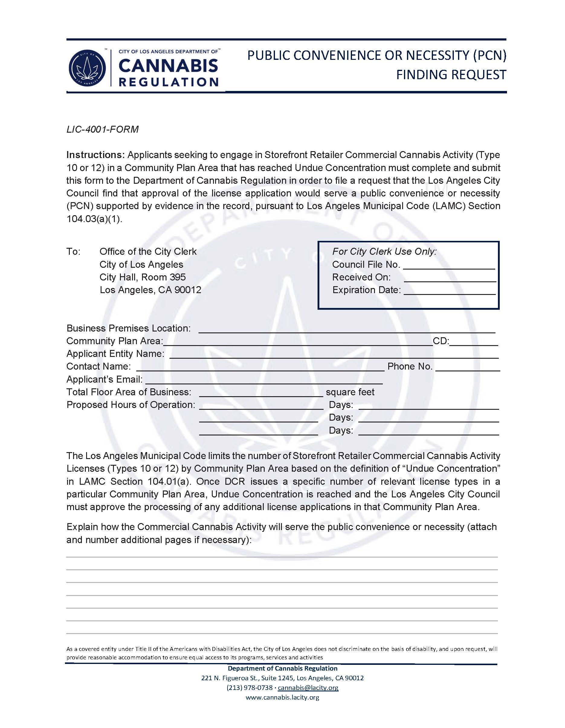 Public Convenience Or Necessity (PCN) Finding Request (Cannabis Regulation) {LIC-4001-FORM} | Pdf Fpdf Docx | California