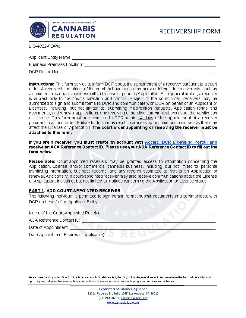 Receivership Form {LIC-4022-FORM} | Pdf Fpdf Docx | California