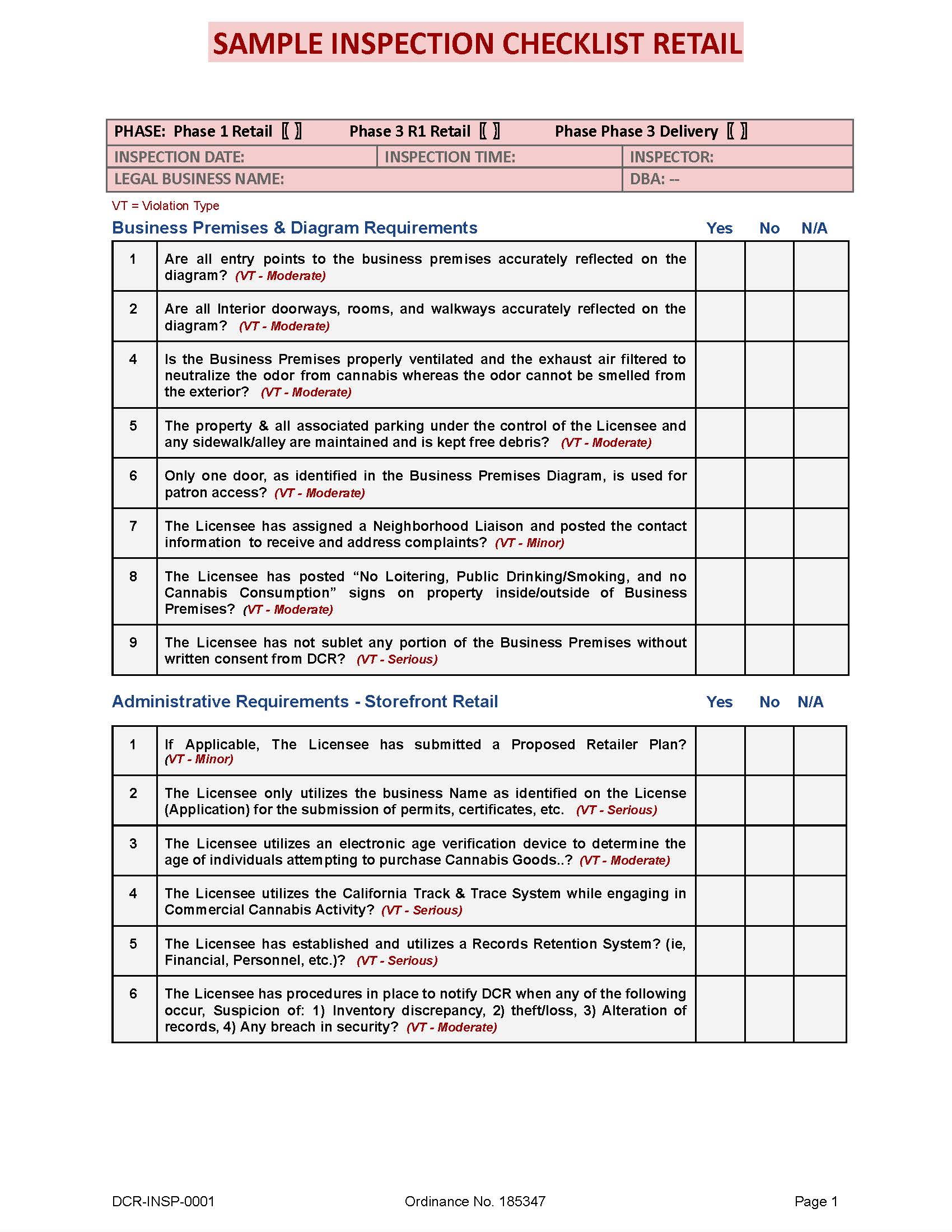Sample Inspection Checklist Retail {DCR FORM} | Pdf Fpdf Docx | California